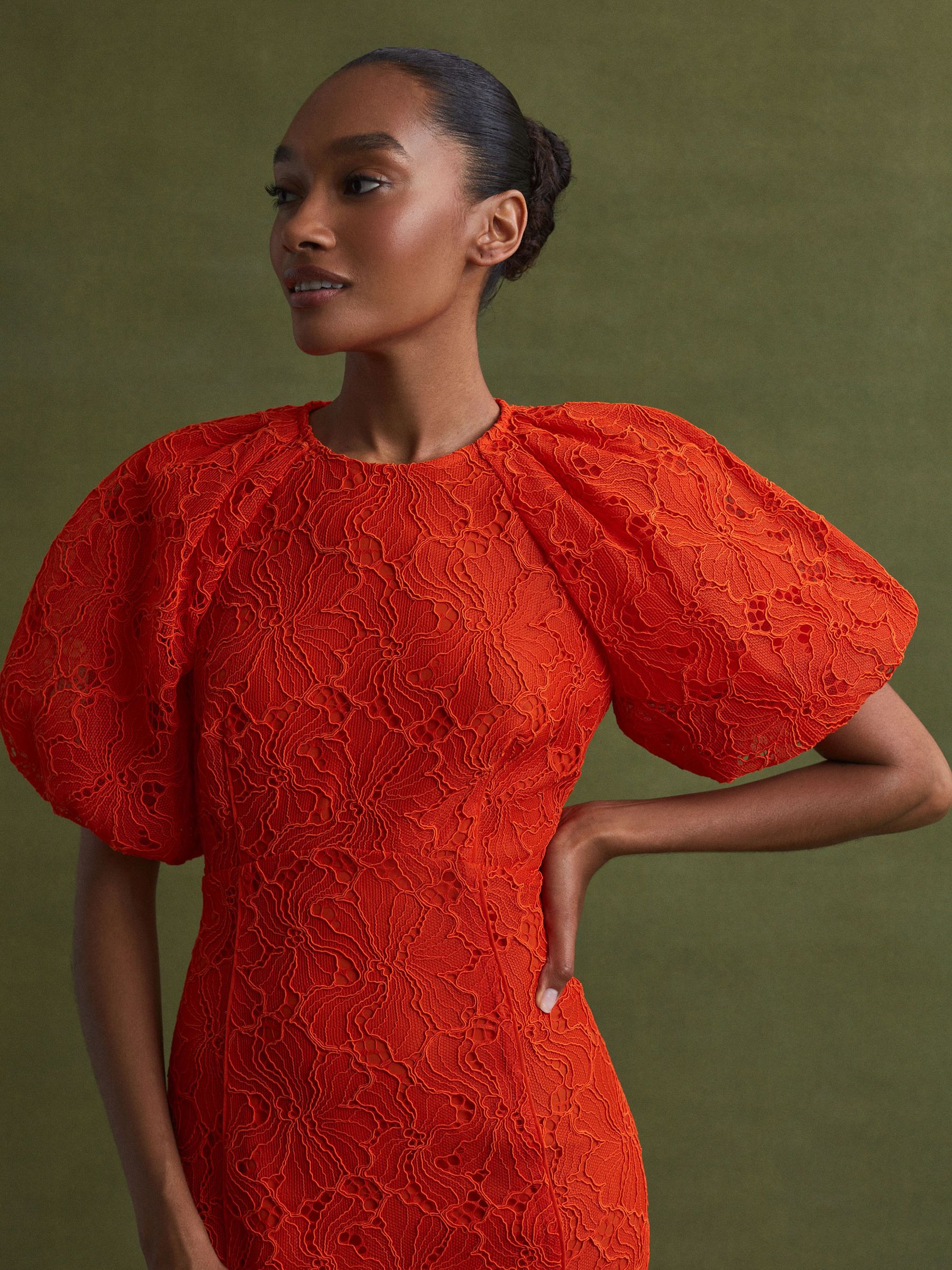 Florere Lace Puff Sleeve Midi Dress in Orange - Image 3 of 6