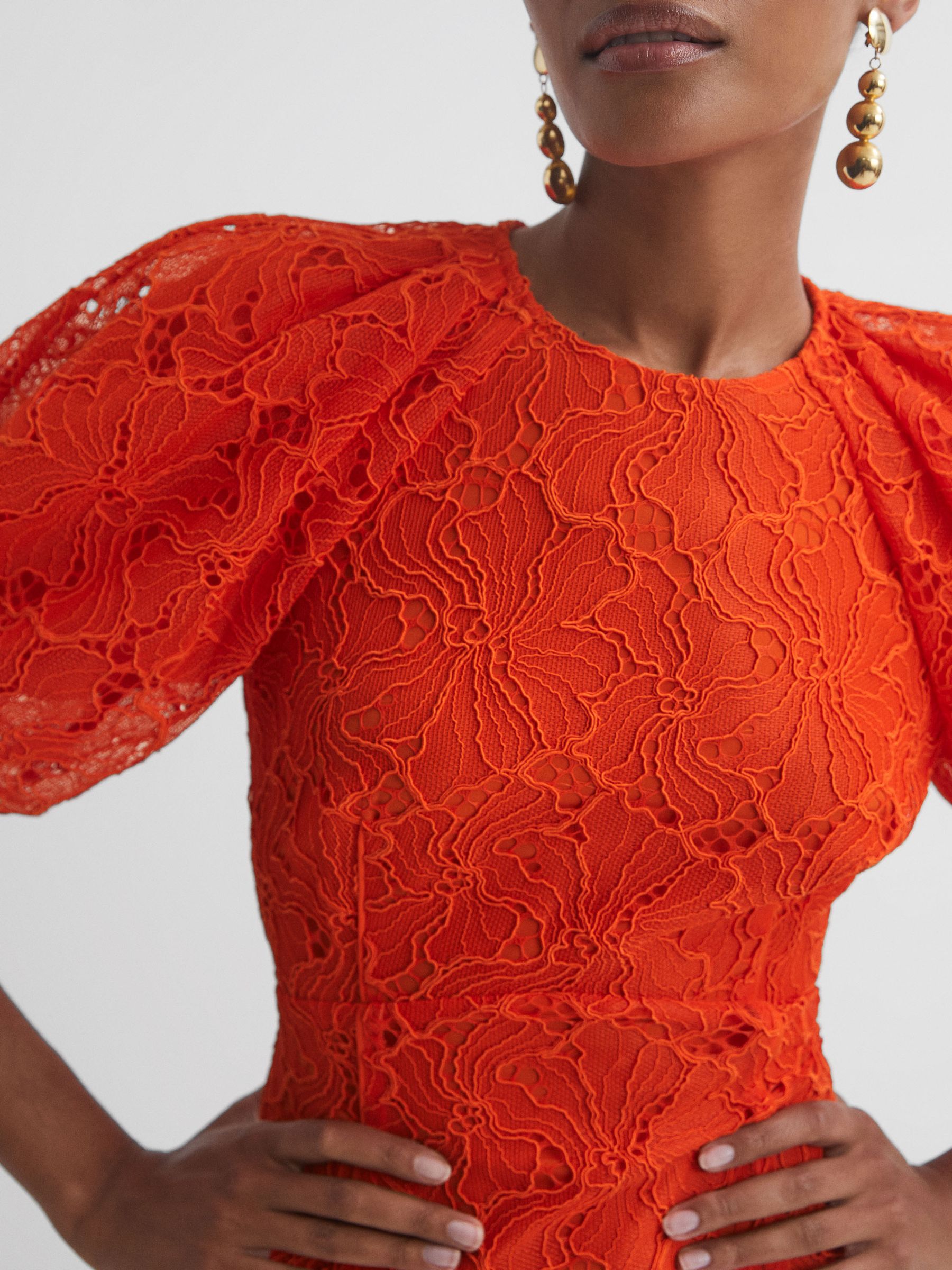 Florere Lace Puff Sleeve Midi Dress in Orange - Image 4 of 6