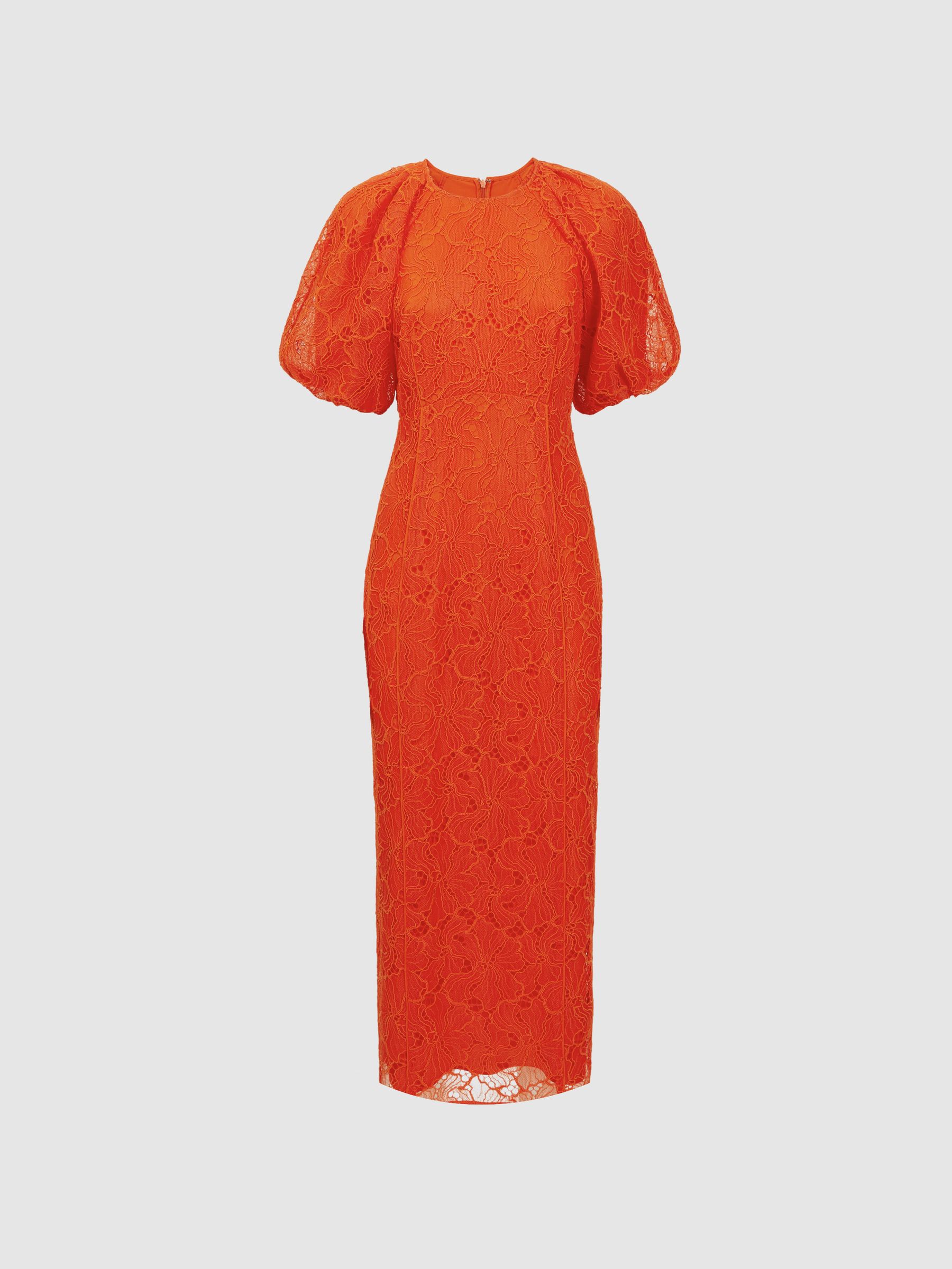 Florere Lace Puff Sleeve Midi Dress in Orange - Image 5 of 6