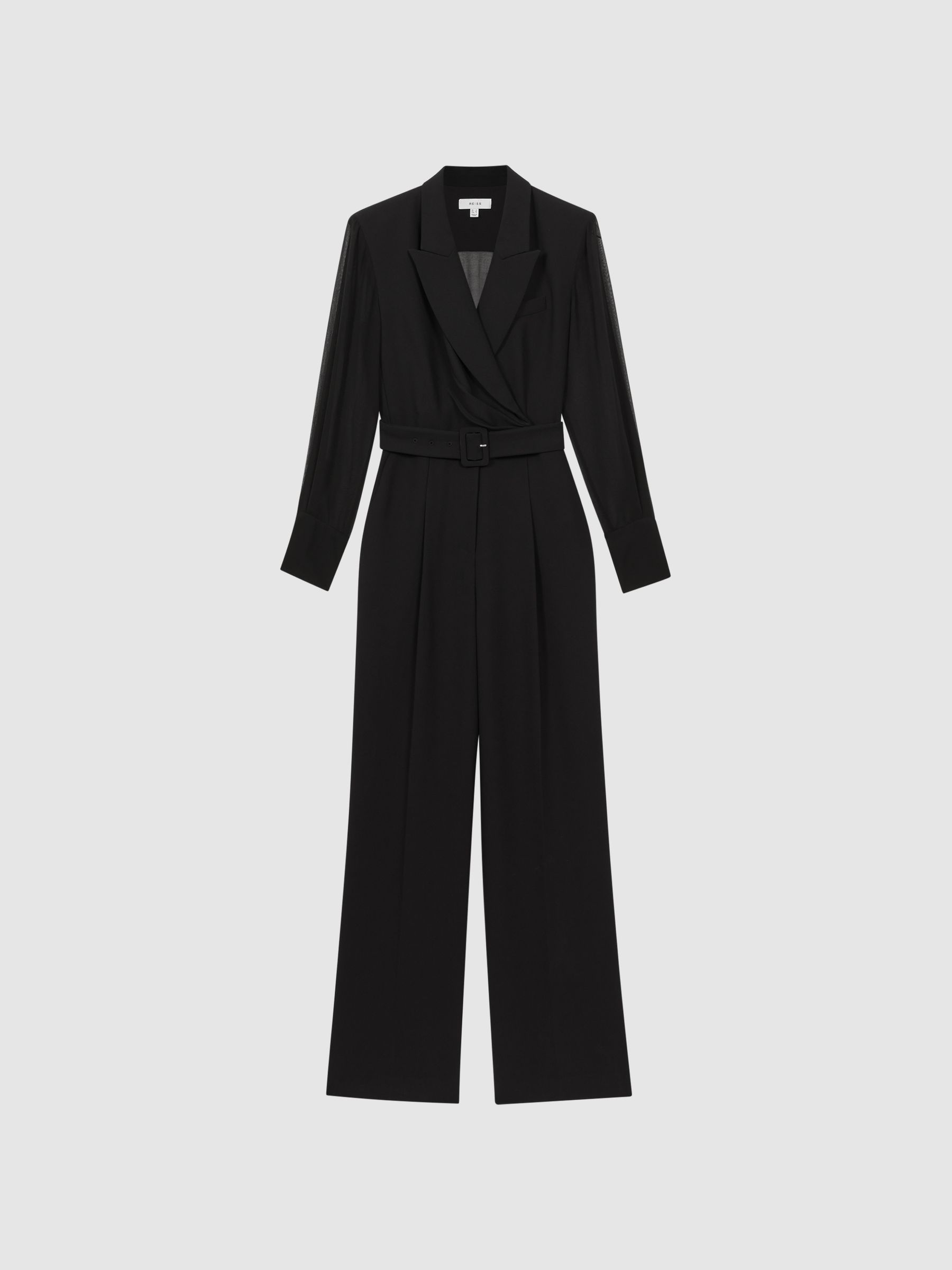 Reiss Sheer Belted Double Breasted Jumpsuit in Black - REISS