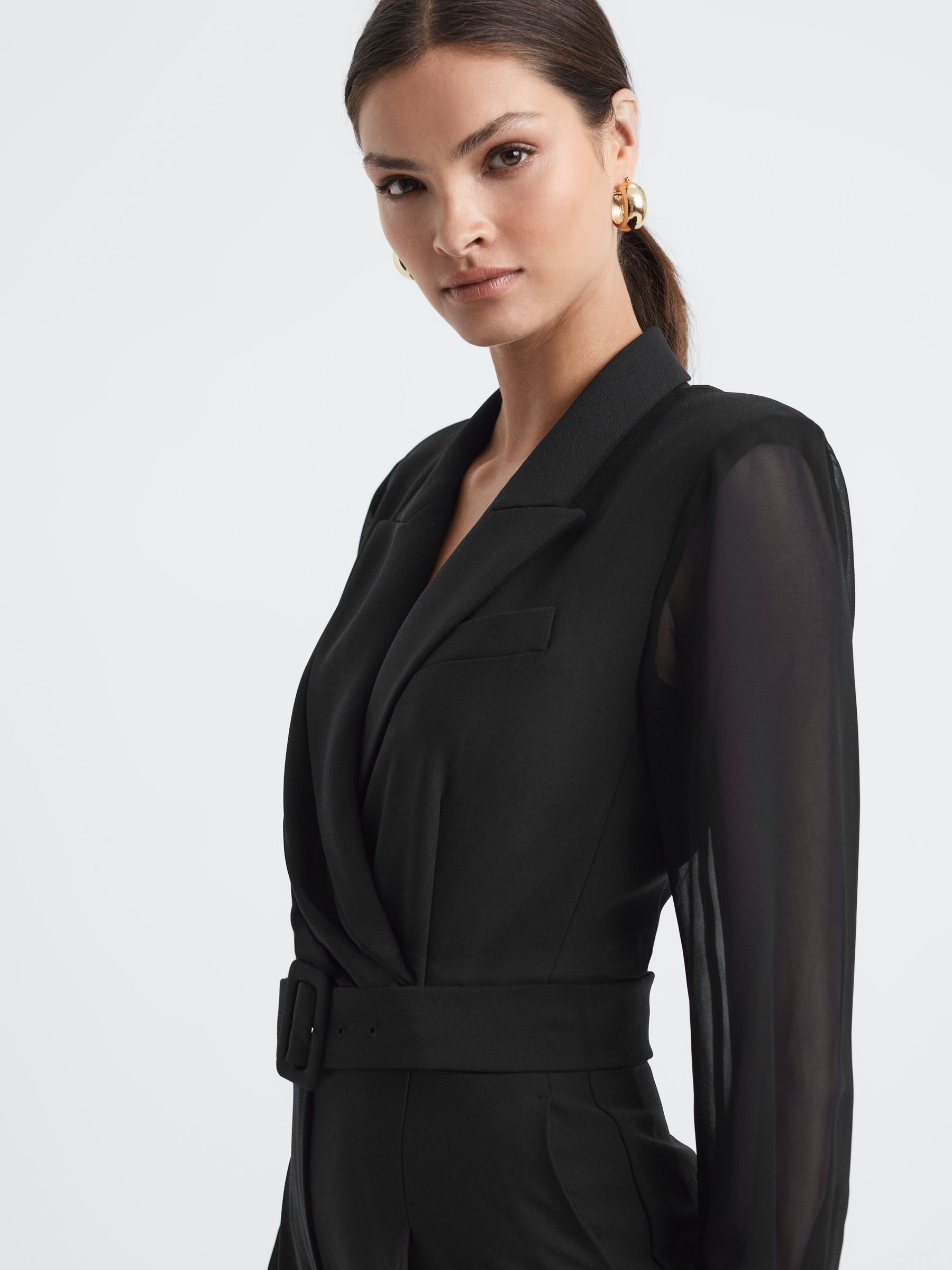 Sheer Belted Double Breasted Jumpsuit in Black - Image 3 of 4