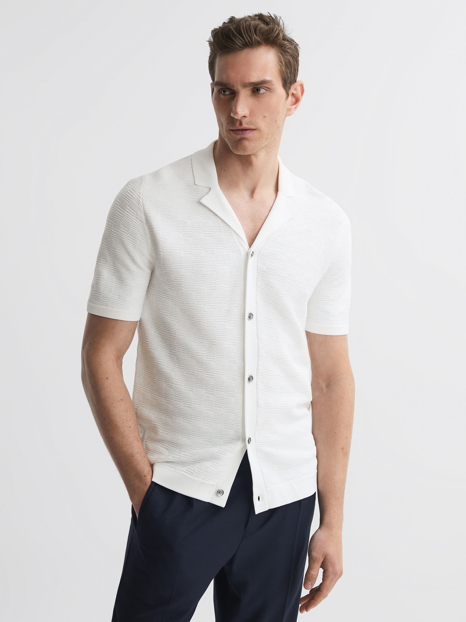 Textured Cuban Collar Button-Through Shirt in White - Image 1 of 4