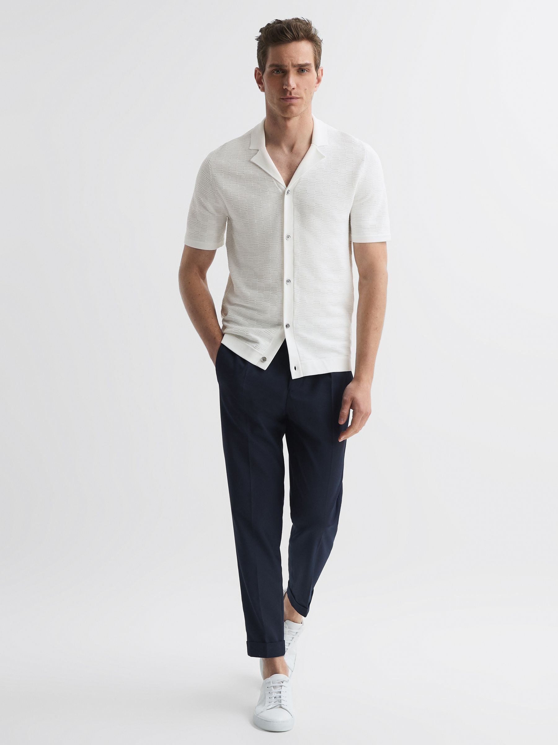 Textured Cuban Collar Button-Through Shirt in White - Image 3 of 4