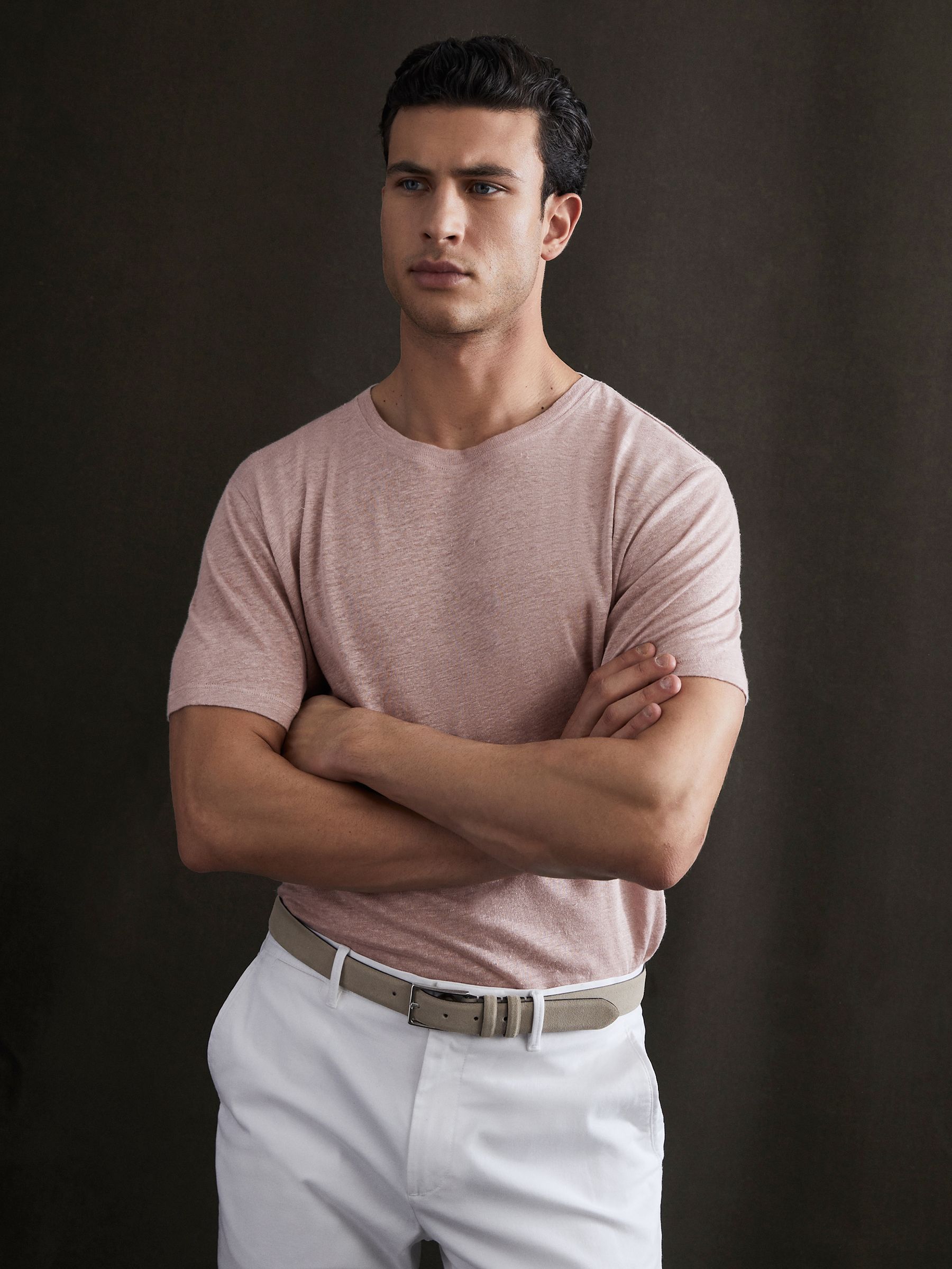 Linen Crew Neck T-Shirt in Dusty Pink - Image 1 of 5