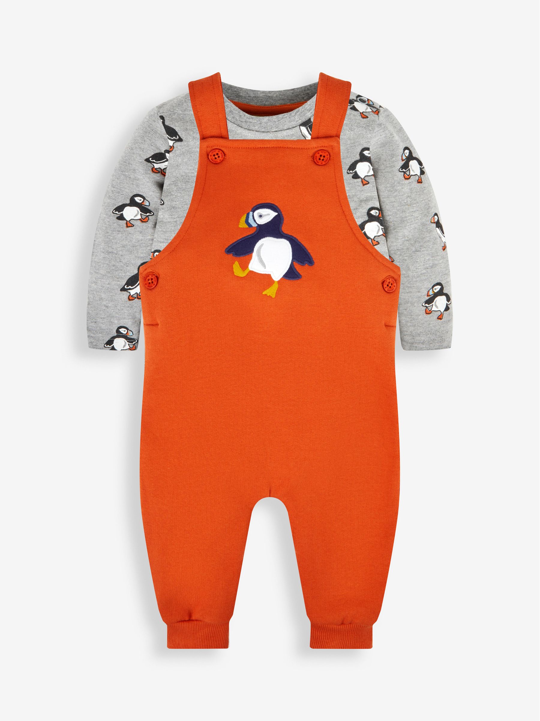 Orange Puffin Boys' Sausage Dog Appliqué Pocket Dungarees & Top Set - Image 1 of 5