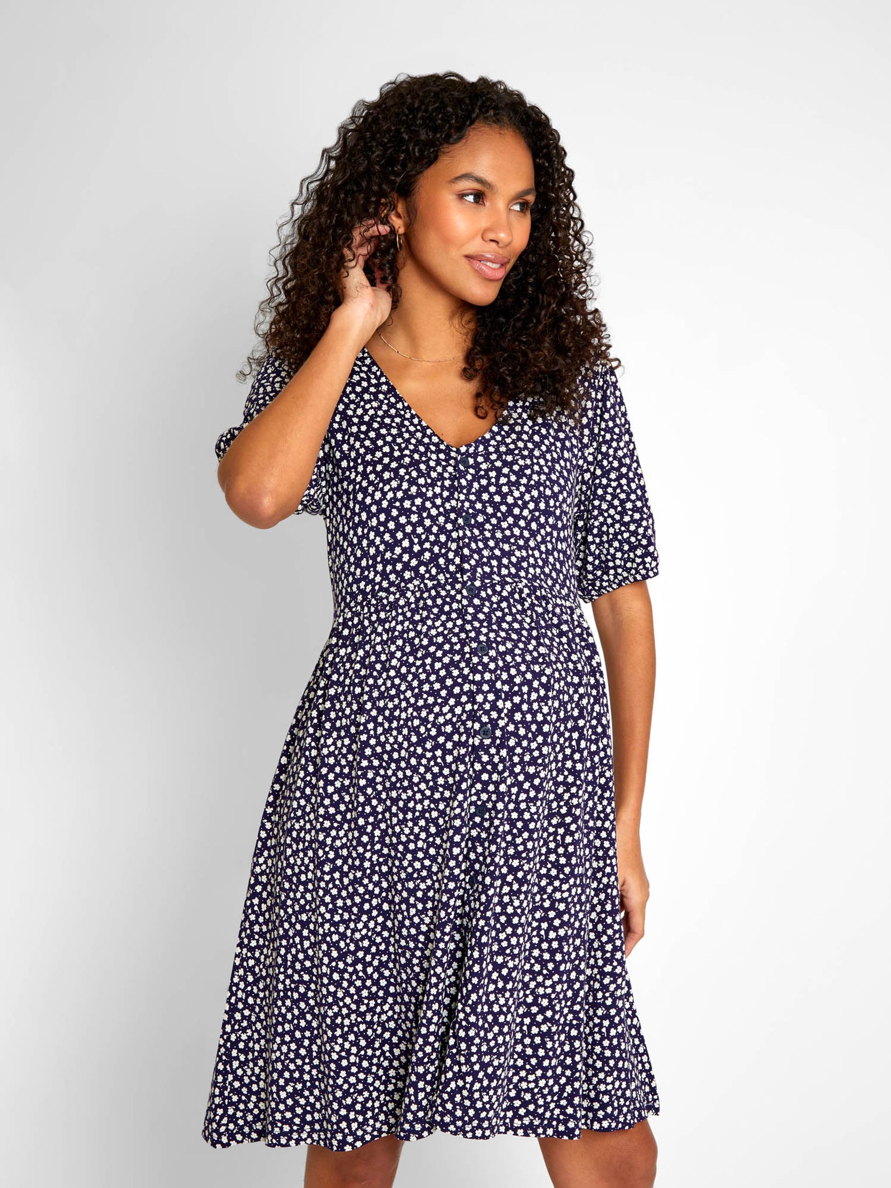 Navy Blue Ditsy Ditsy Print V-Neck Maternity Dress - Image 3 of 5