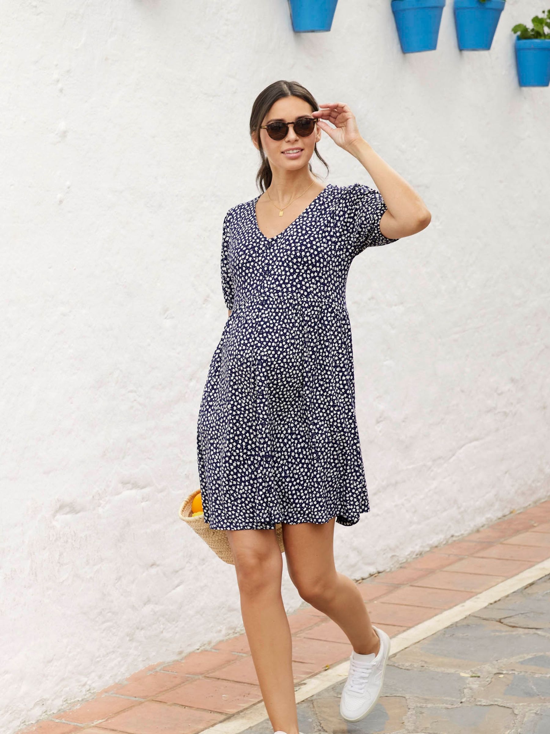 Navy Blue Ditsy Ditsy Print V-Neck Maternity Dress - Image 4 of 5
