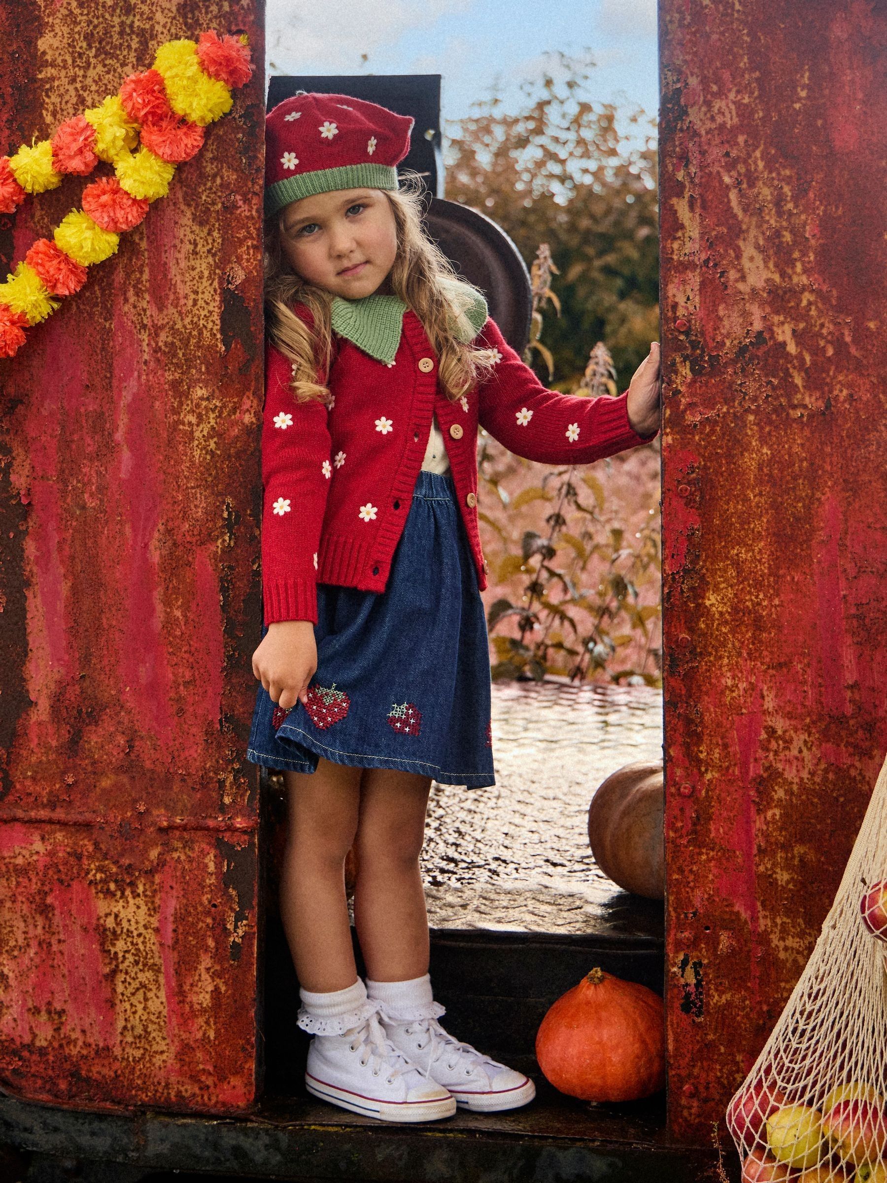 Denim Blue Strawberry Cross Stitch Embroidered Denim Skirt - Image 1 of 5