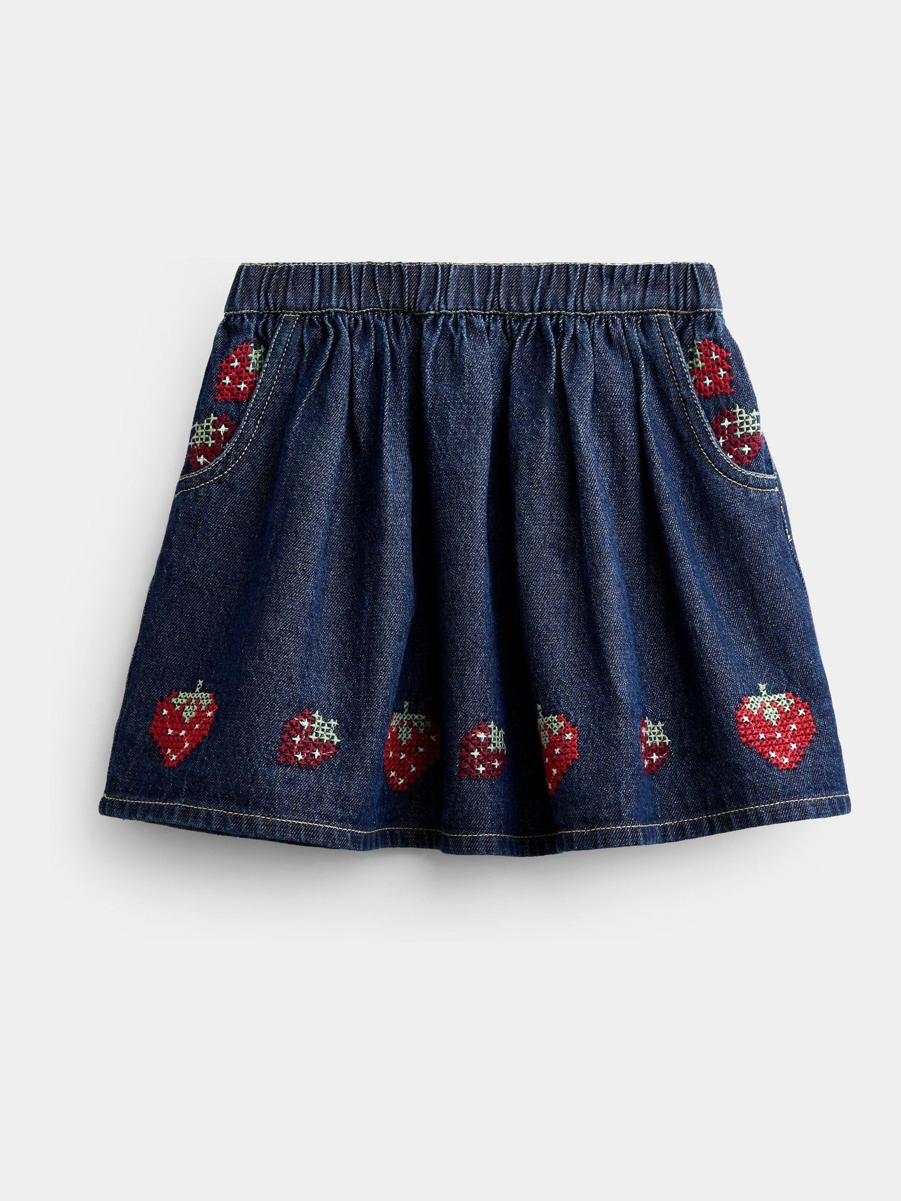 Denim Blue Strawberry Cross Stitch Embroidered Denim Skirt - Image 2 of 5