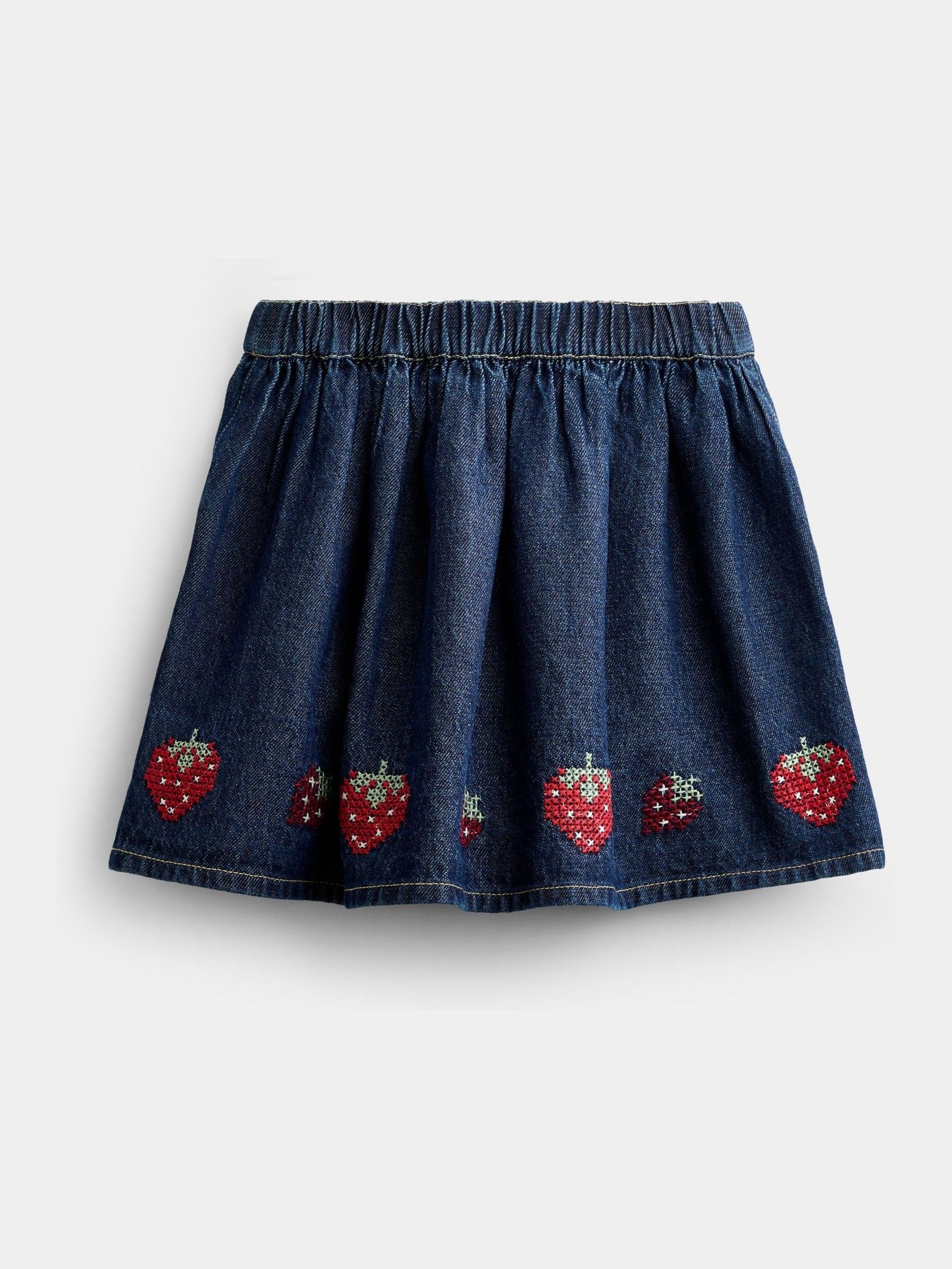 Denim Blue Strawberry Cross Stitch Embroidered Denim Skirt - Image 3 of 5