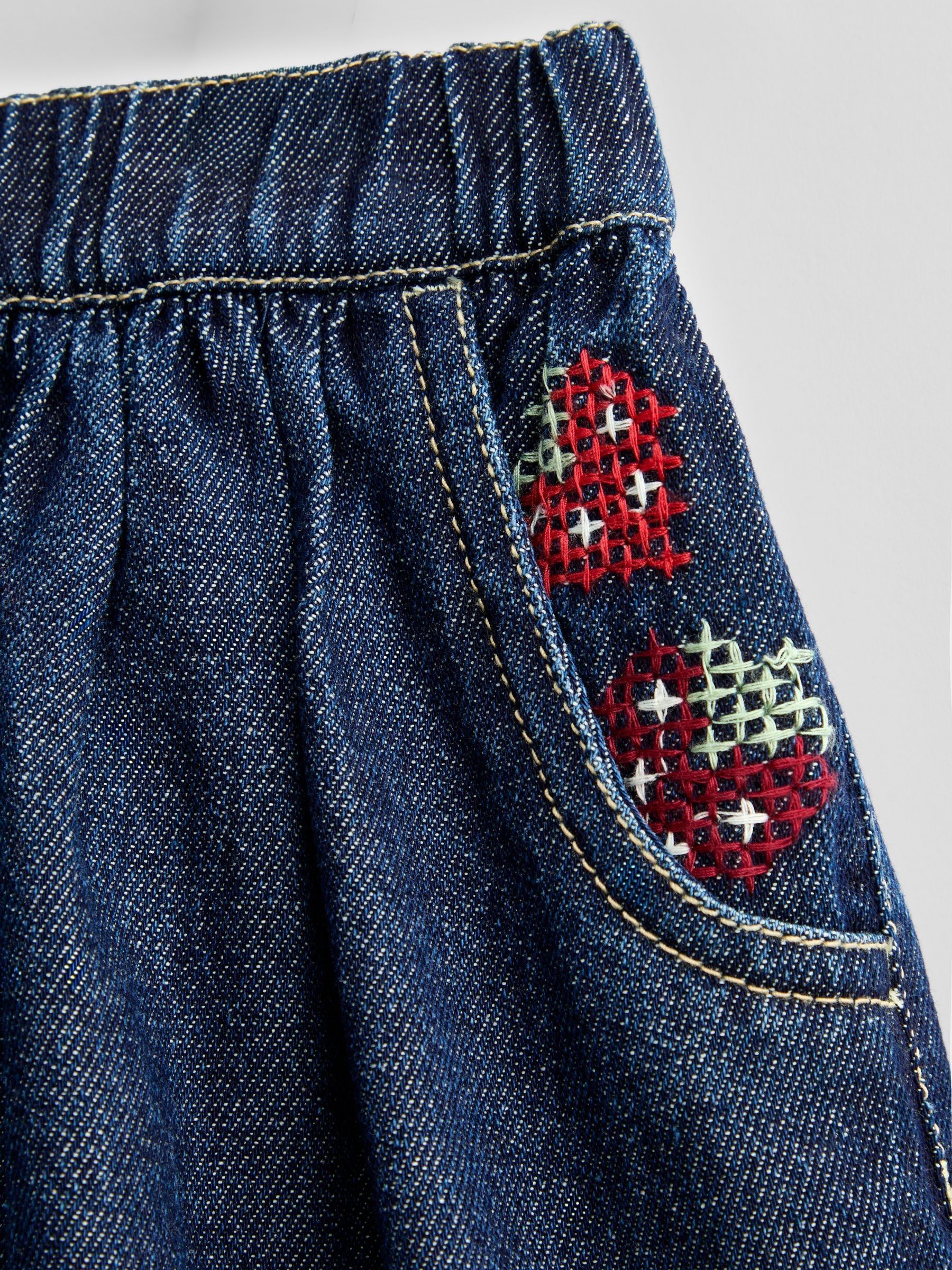 Denim Blue Strawberry Cross Stitch Embroidered Denim Skirt - Image 4 of 5