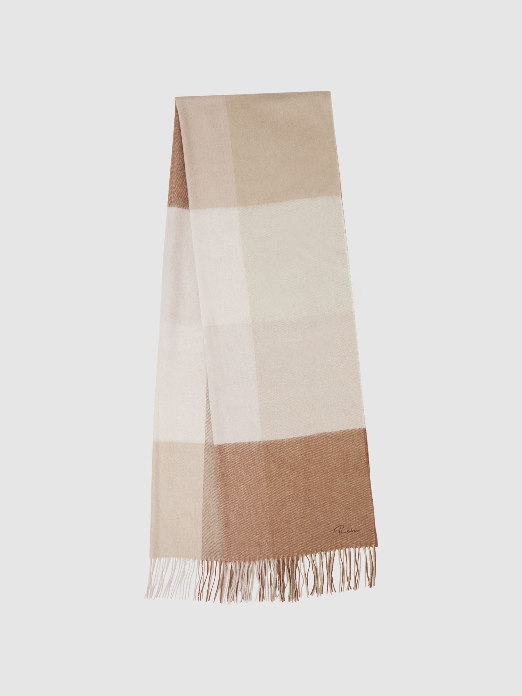 Wool Blend Check Embroidered Scarf in Camel - Image 1 of 5