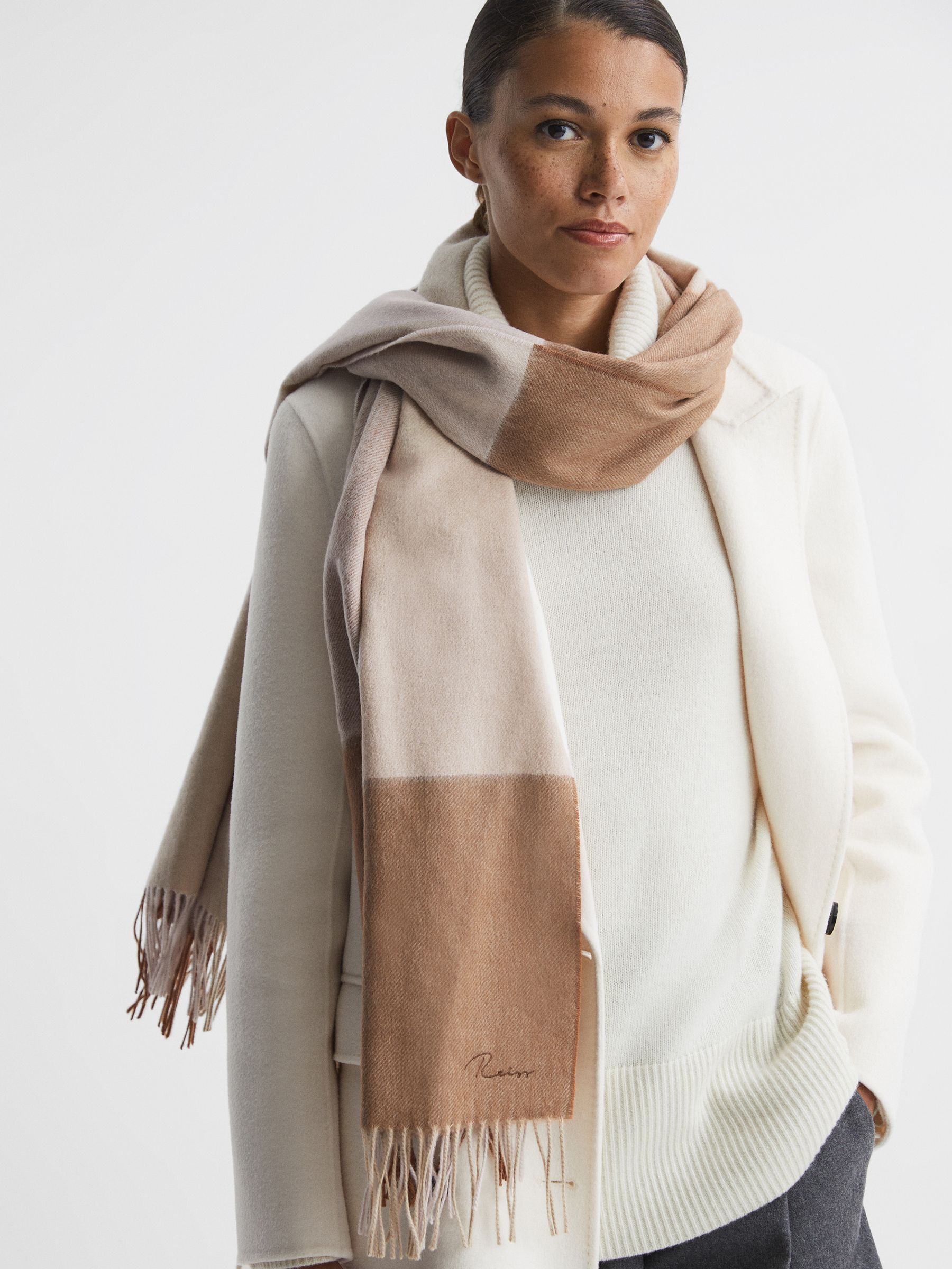 Wool Blend Check Embroidered Scarf in Camel - Image 2 of 5