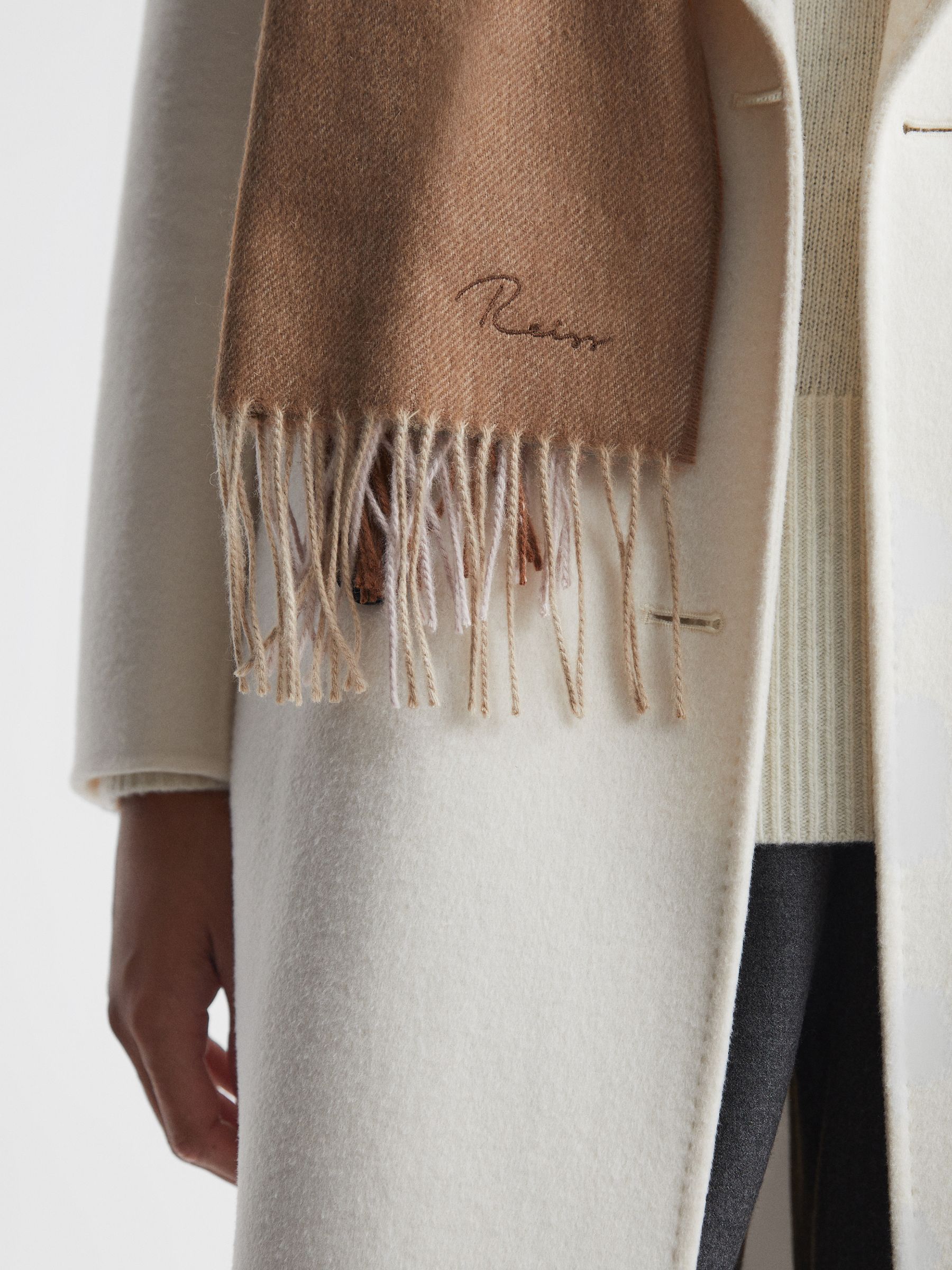 Wool Blend Check Embroidered Scarf in Camel - Image 3 of 5