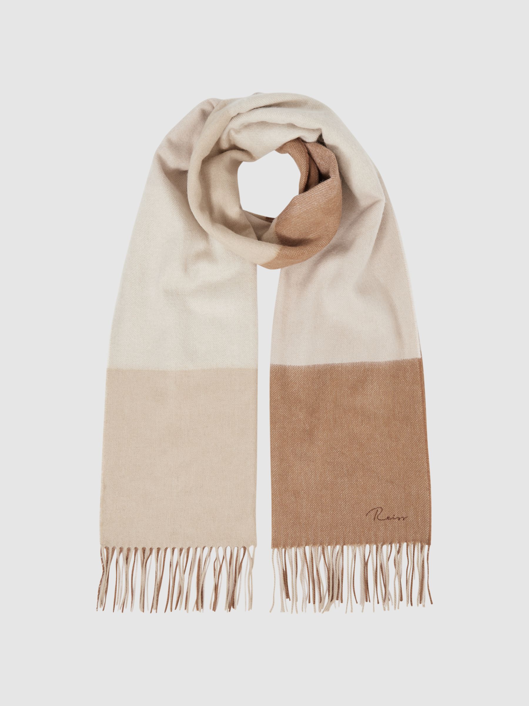 Wool Blend Check Embroidered Scarf in Camel - Image 4 of 5