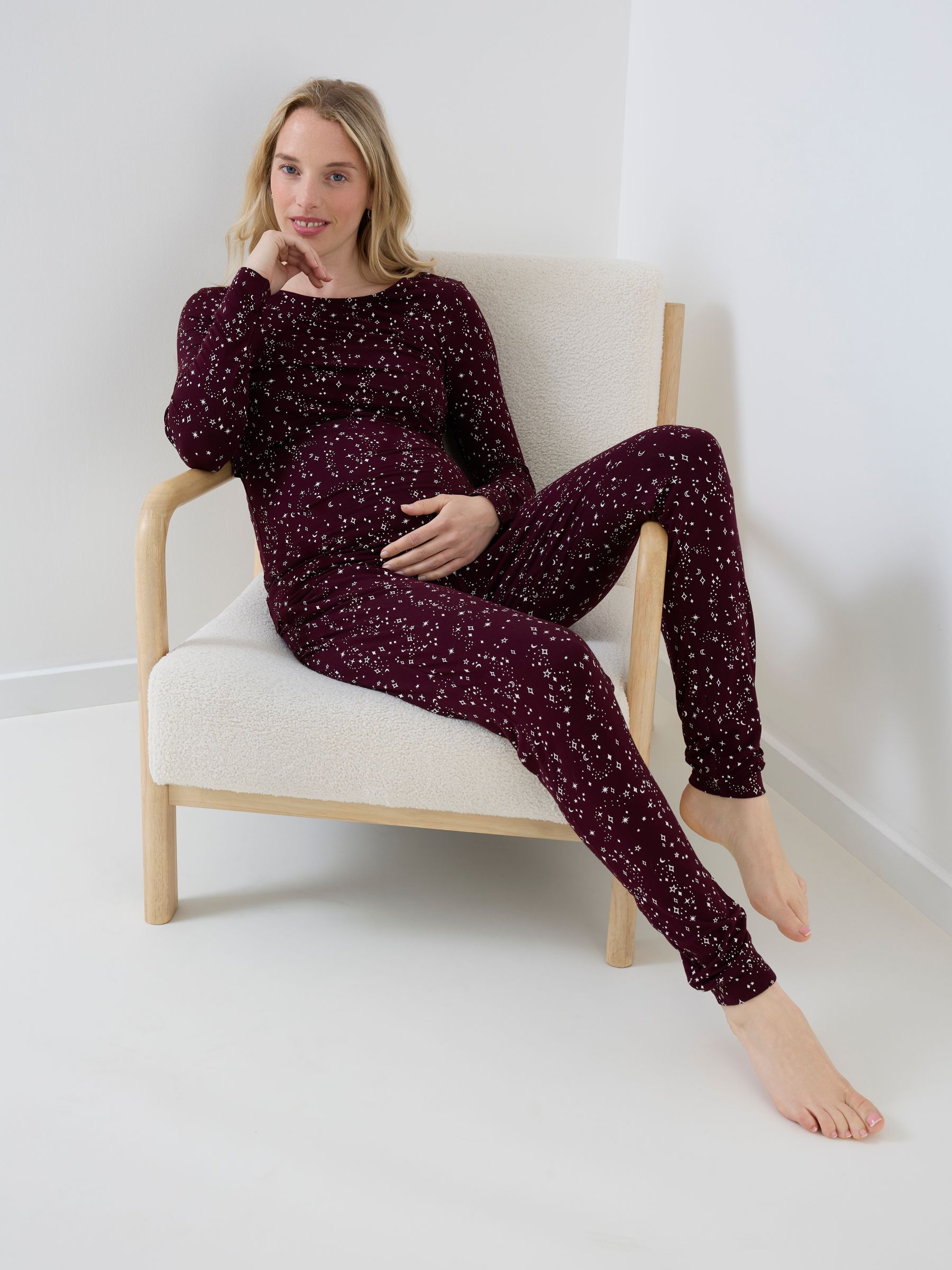 Burgundy Star Jersey Maternity & Nursing Pyjama Set - Image 1 of 5 Burgundy Star Jersey Maternity & Nursing Pyjama Set - Image 1 of 5
