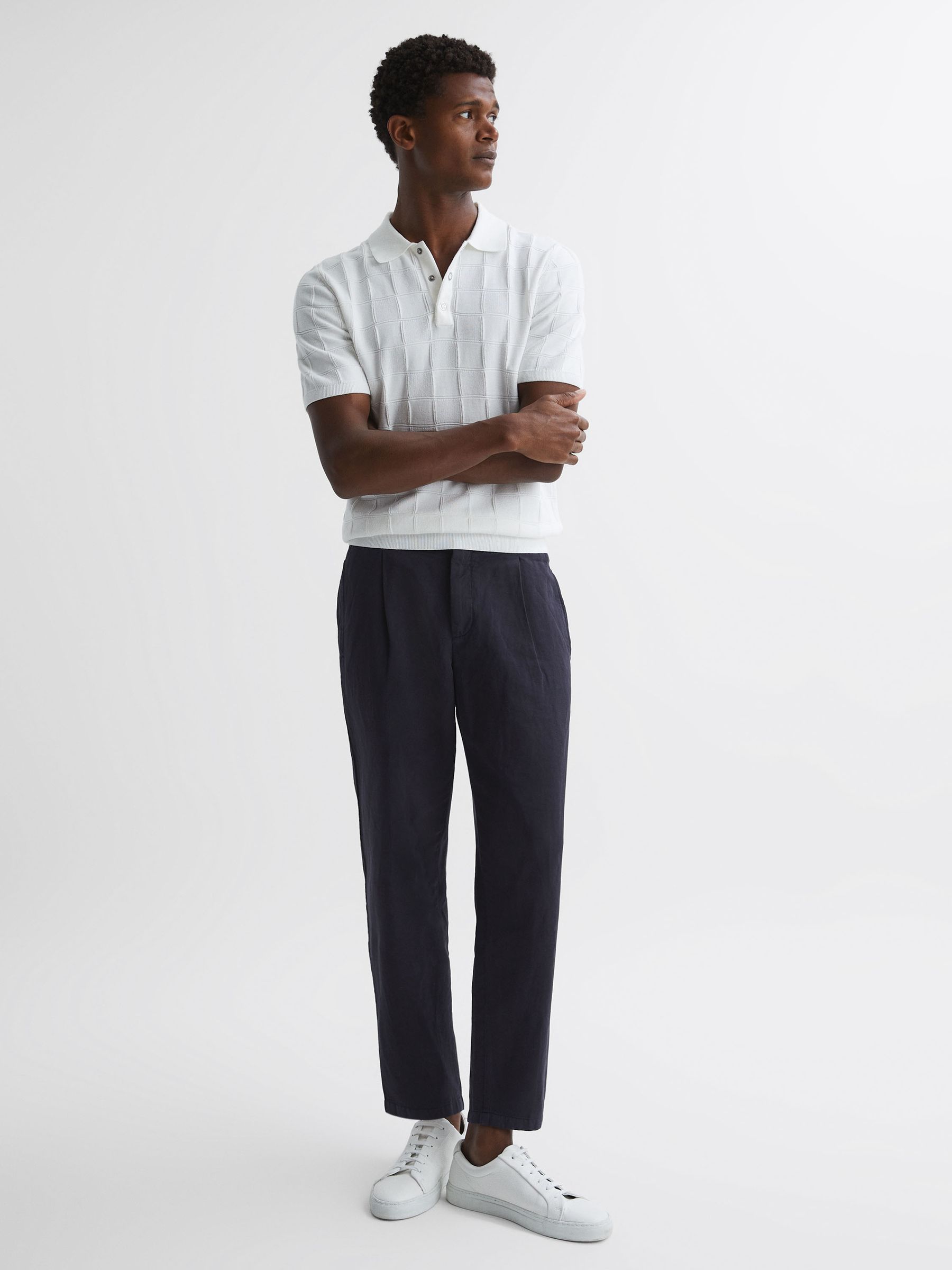 Slim Fit Cotton-Linen Trousers in Navy - Image 1 of 4