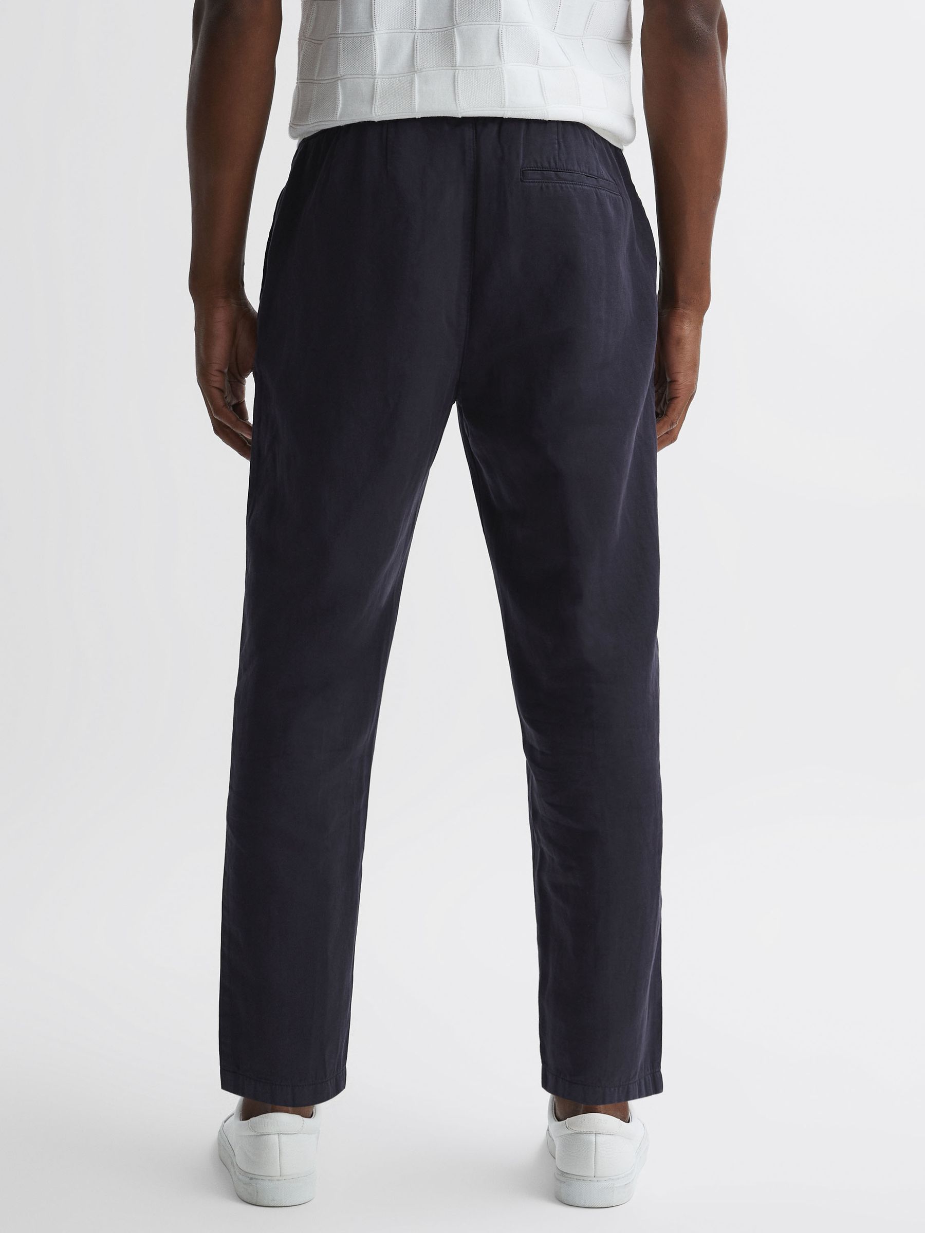 Slim Fit Cotton-Linen Trousers in Navy - Image 4 of 4