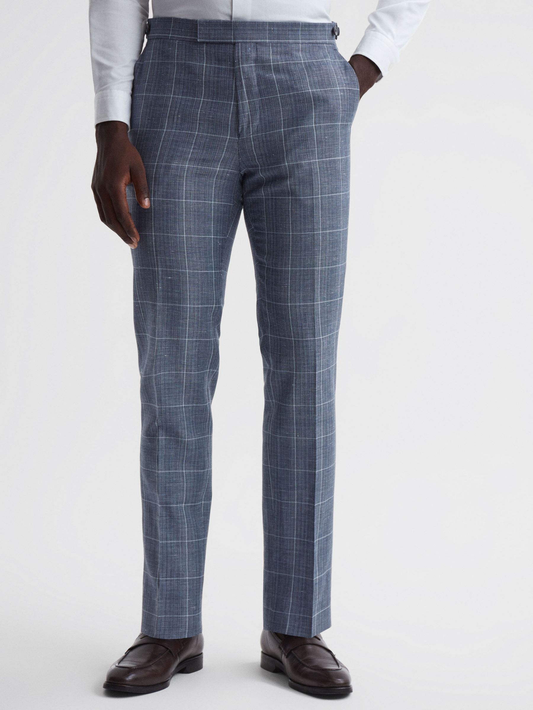 Slim Fit Wool Linen Check Trousers in Indigo - Image 1 de 4