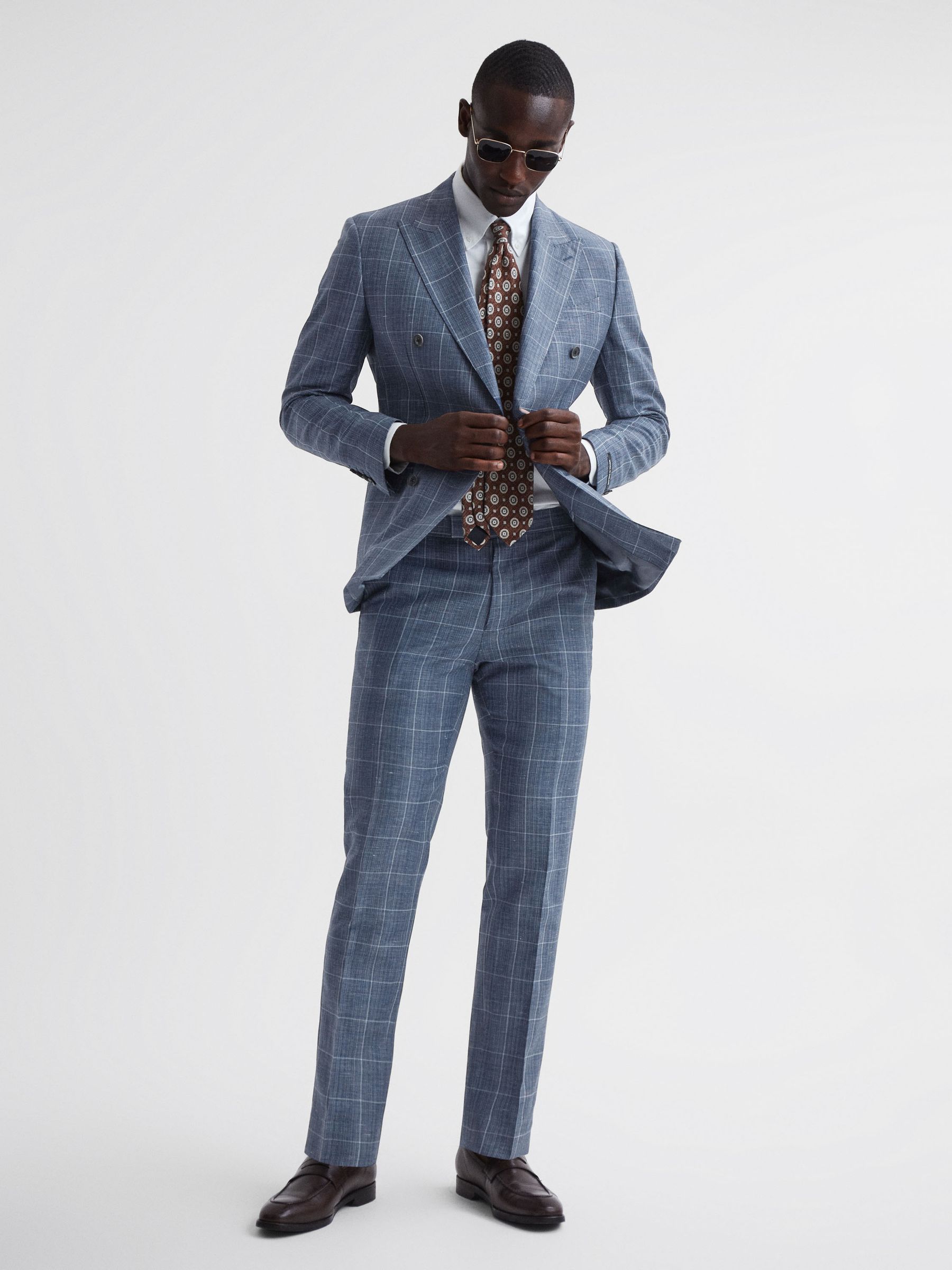 Slim Fit Wool Linen Check Trousers in Indigo - Image 3 de 4
