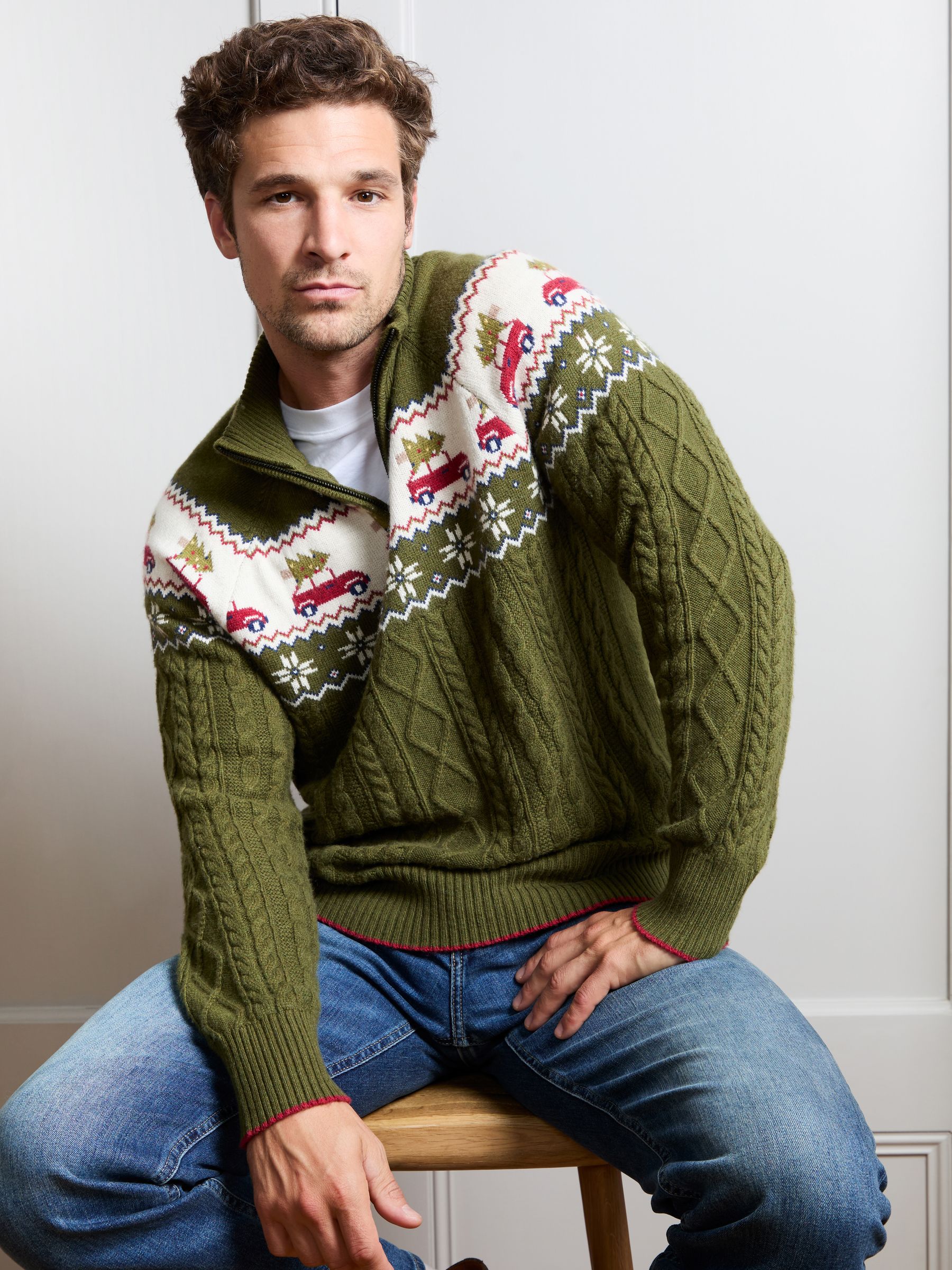 Dark Green Men's Long Sleeve Christmas Car Fairisle Jumper - Image 1 of 4 Dark Green Men's Long Sleeve Christmas Car Fairisle Jumper - Image 1 of 4