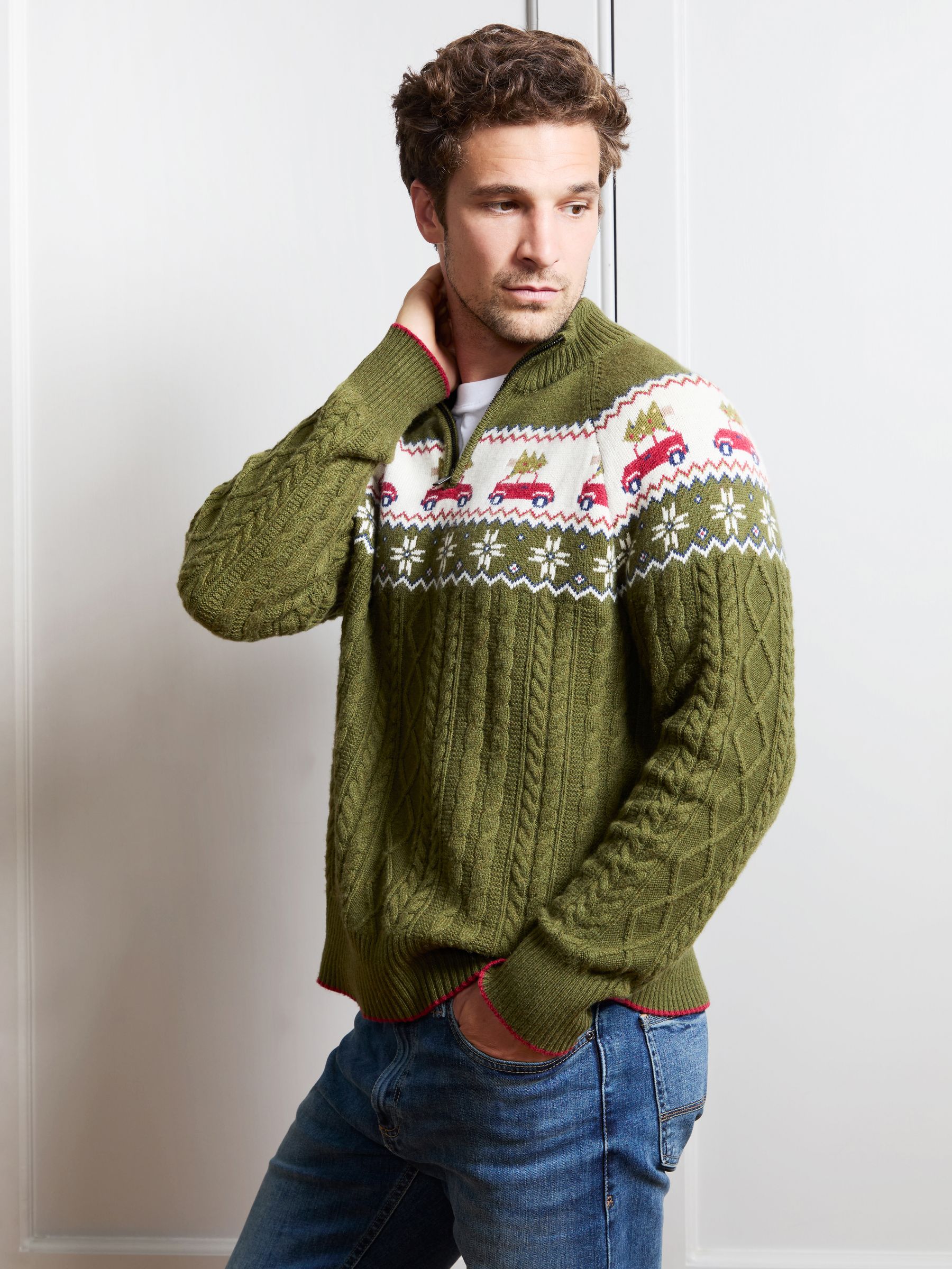 Dark Green Men's Long Sleeve Christmas Car Fairisle Jumper - Image 2 of 4