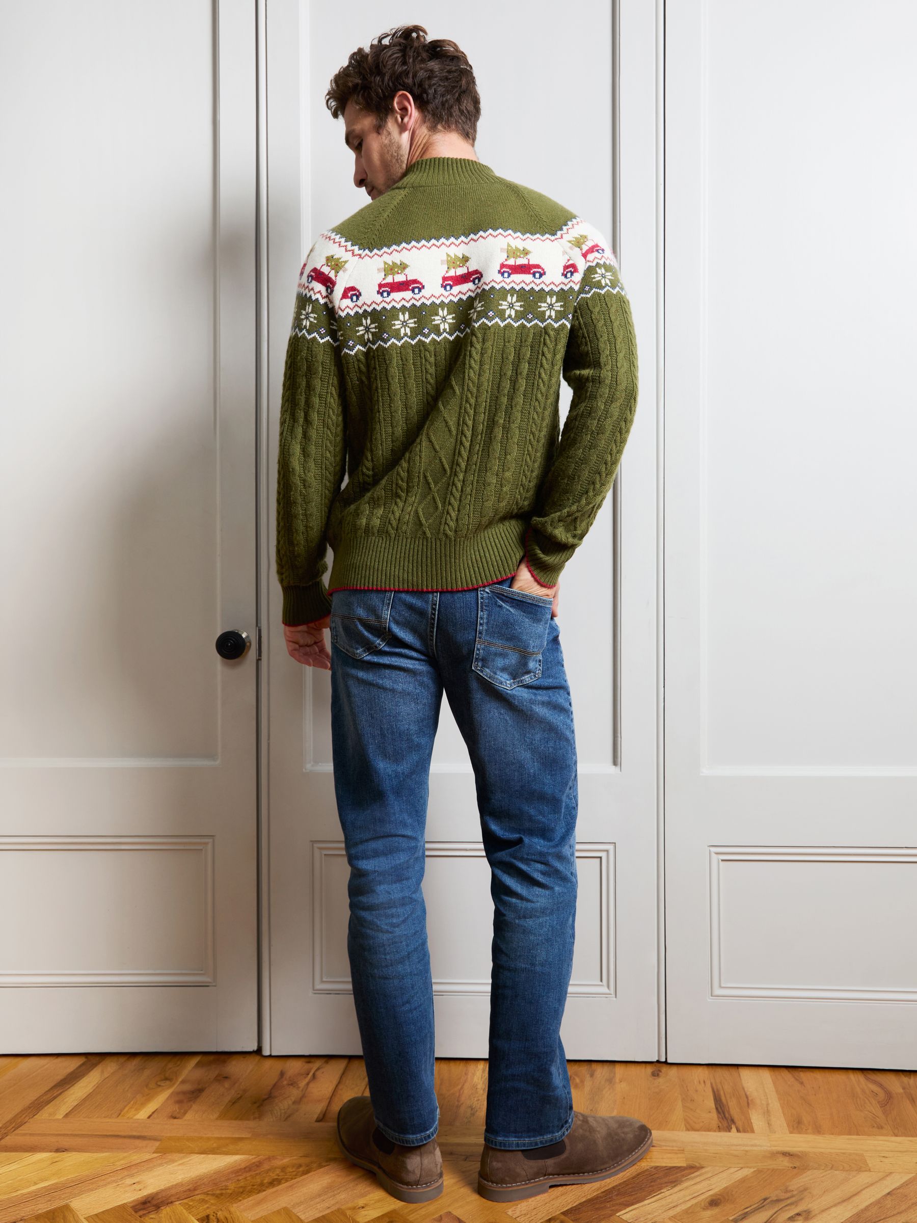 Dark Green Men's Long Sleeve Christmas Car Fairisle Jumper - Image 3 of 4