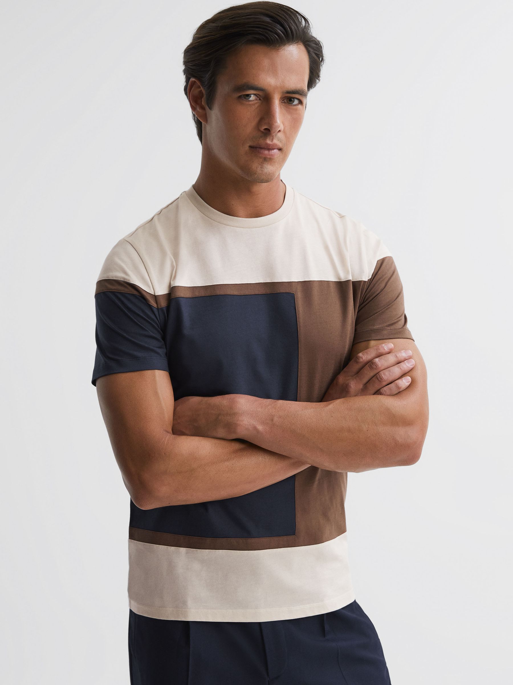 Mercerised Cotton Colourblock T-Shirt in Stone - Image 1 of 5