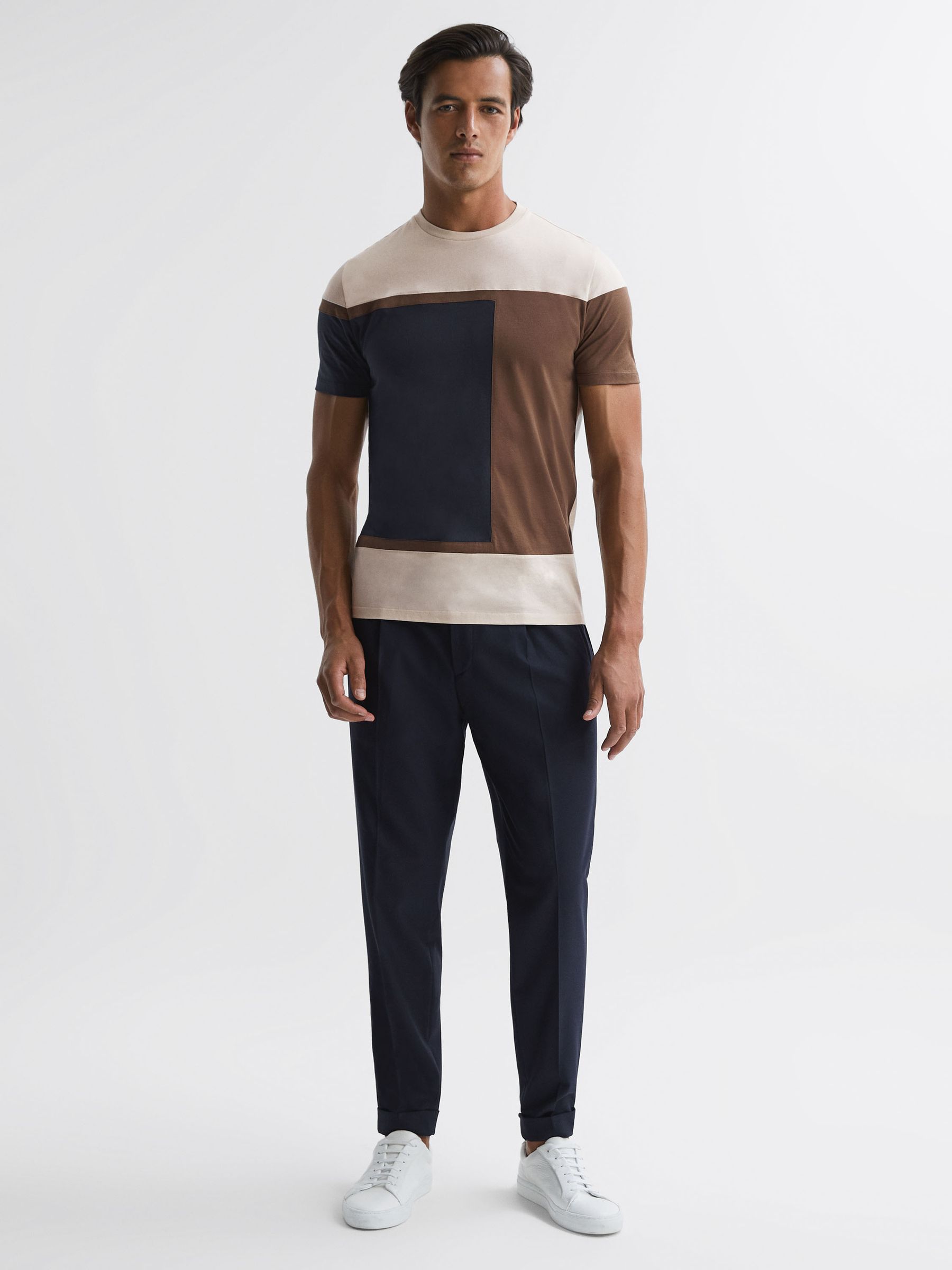 Mercerised Cotton Colourblock T-Shirt in Stone - Image 3 of 5