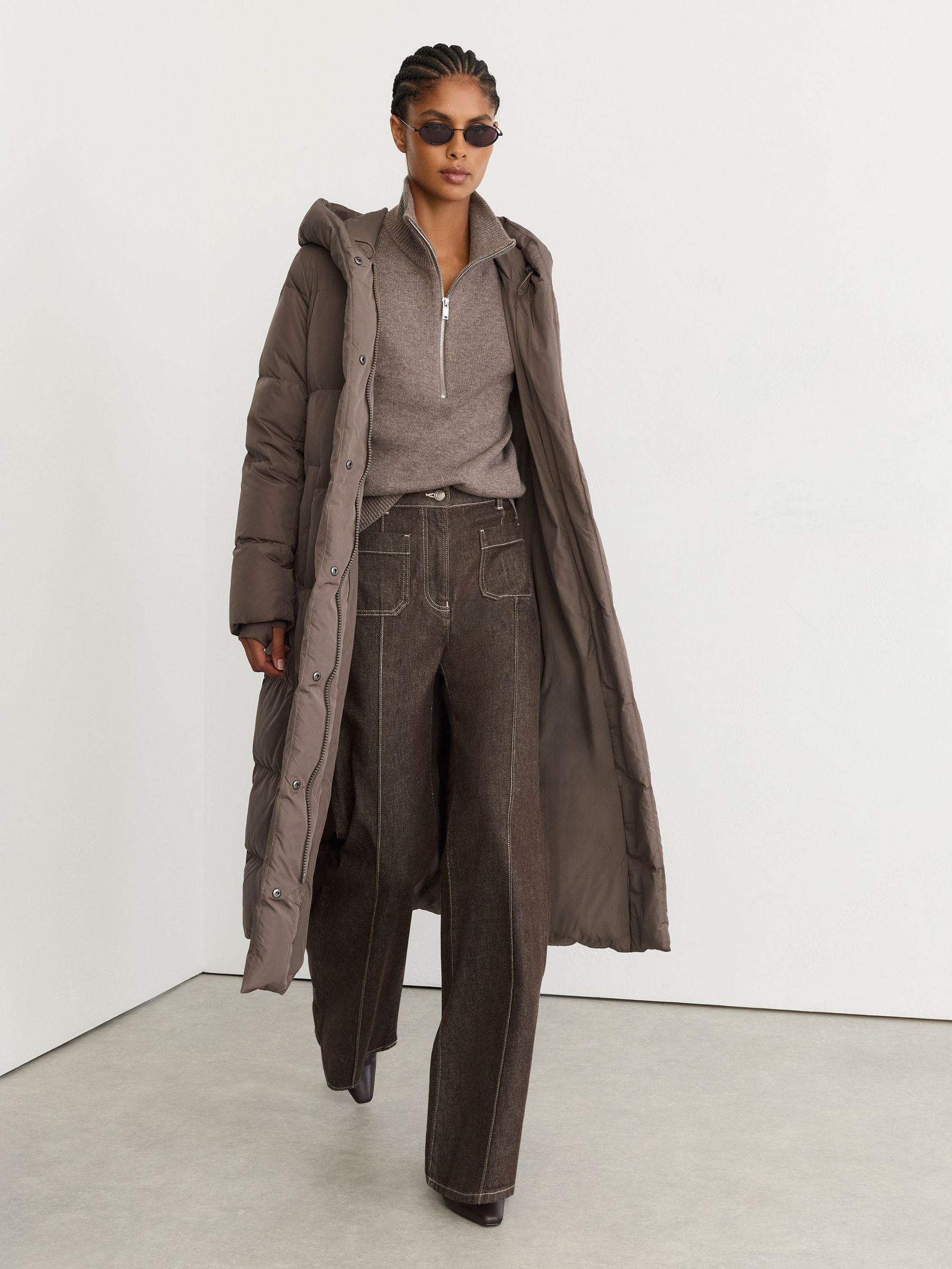 Petite Belted Longline Hooded Puffer Coat in Taupe Neutral - Image 1 of 9 Petite Belted Longline Hooded Puffer Coat in Taupe Neutral - Image 1 of 9