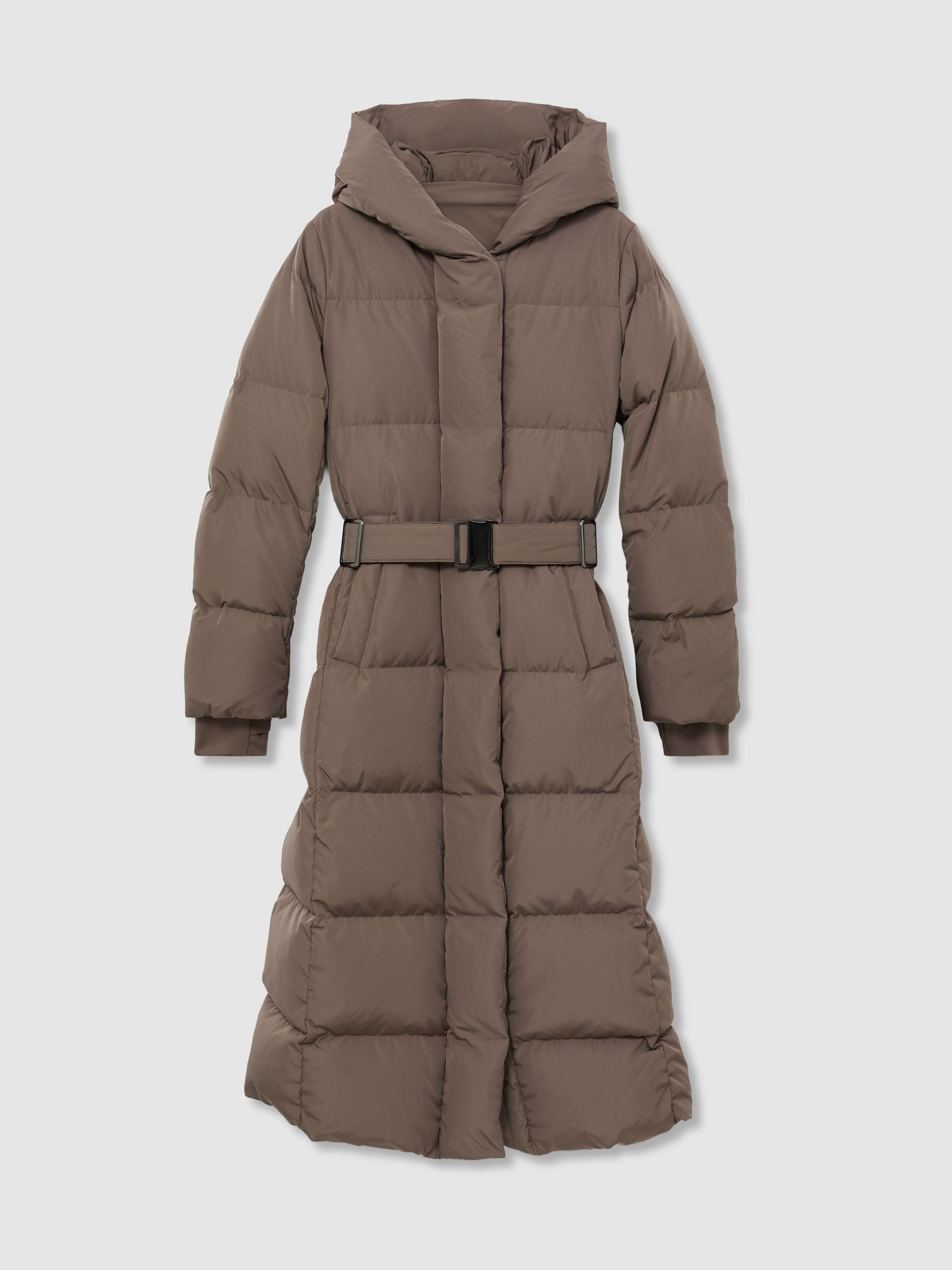 Petite Belted Longline Hooded Puffer Coat in Taupe Neutral - Image 2 of 9