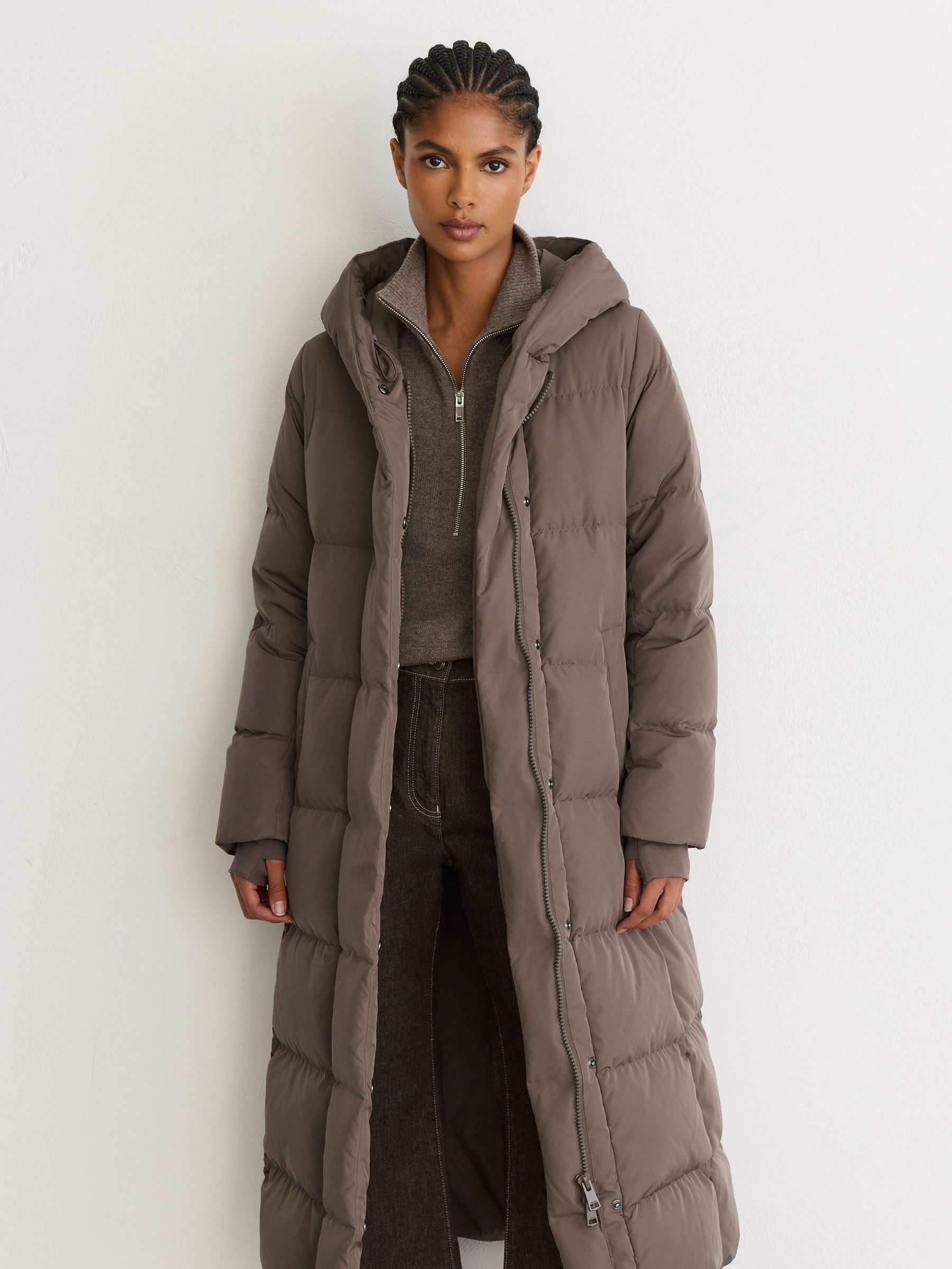 Petite Belted Longline Hooded Puffer Coat in Taupe Neutral - Image 5 of 9