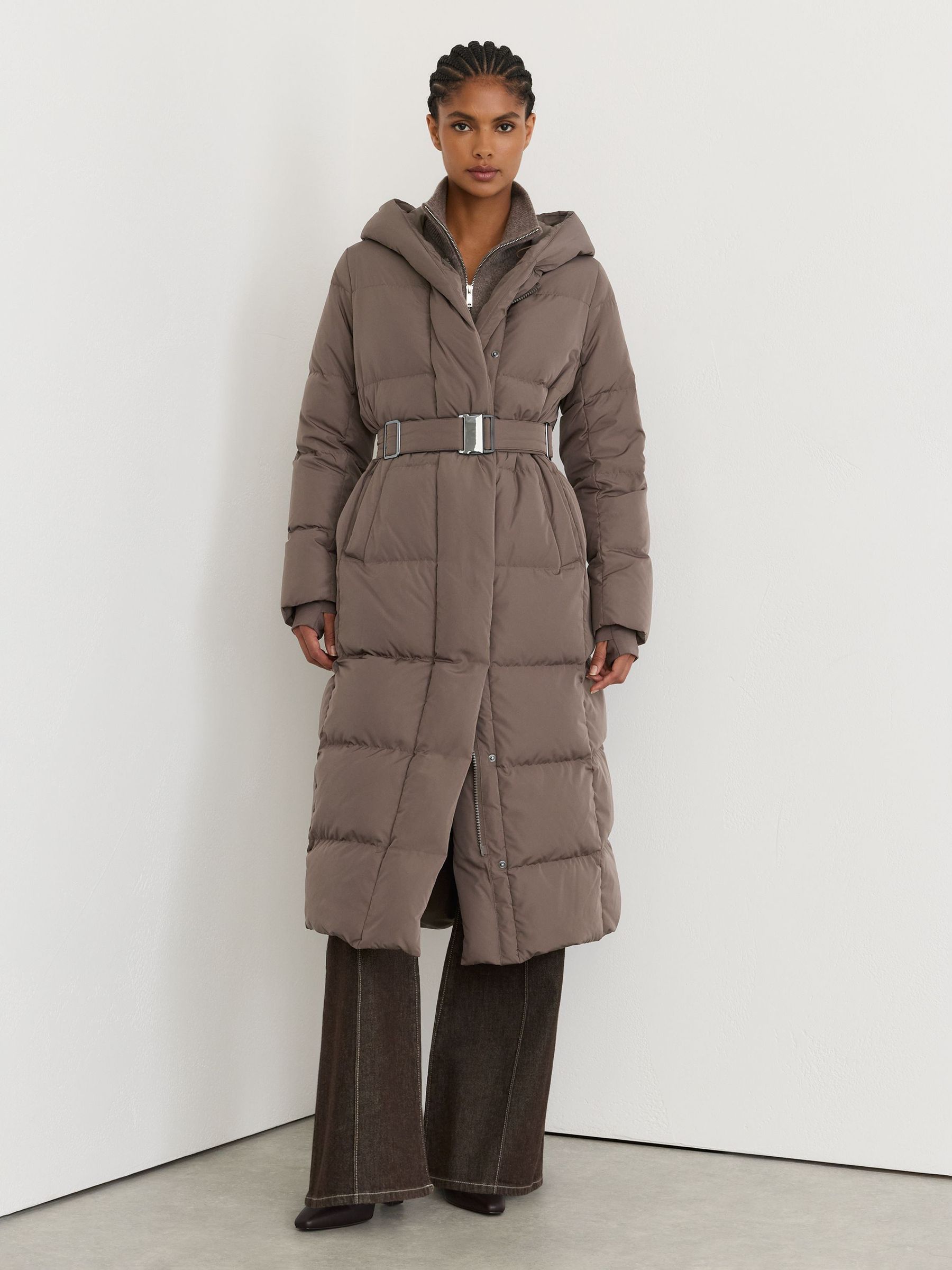 Petite Belted Longline Hooded Puffer Coat in Taupe Neutral - Image 6 of 9