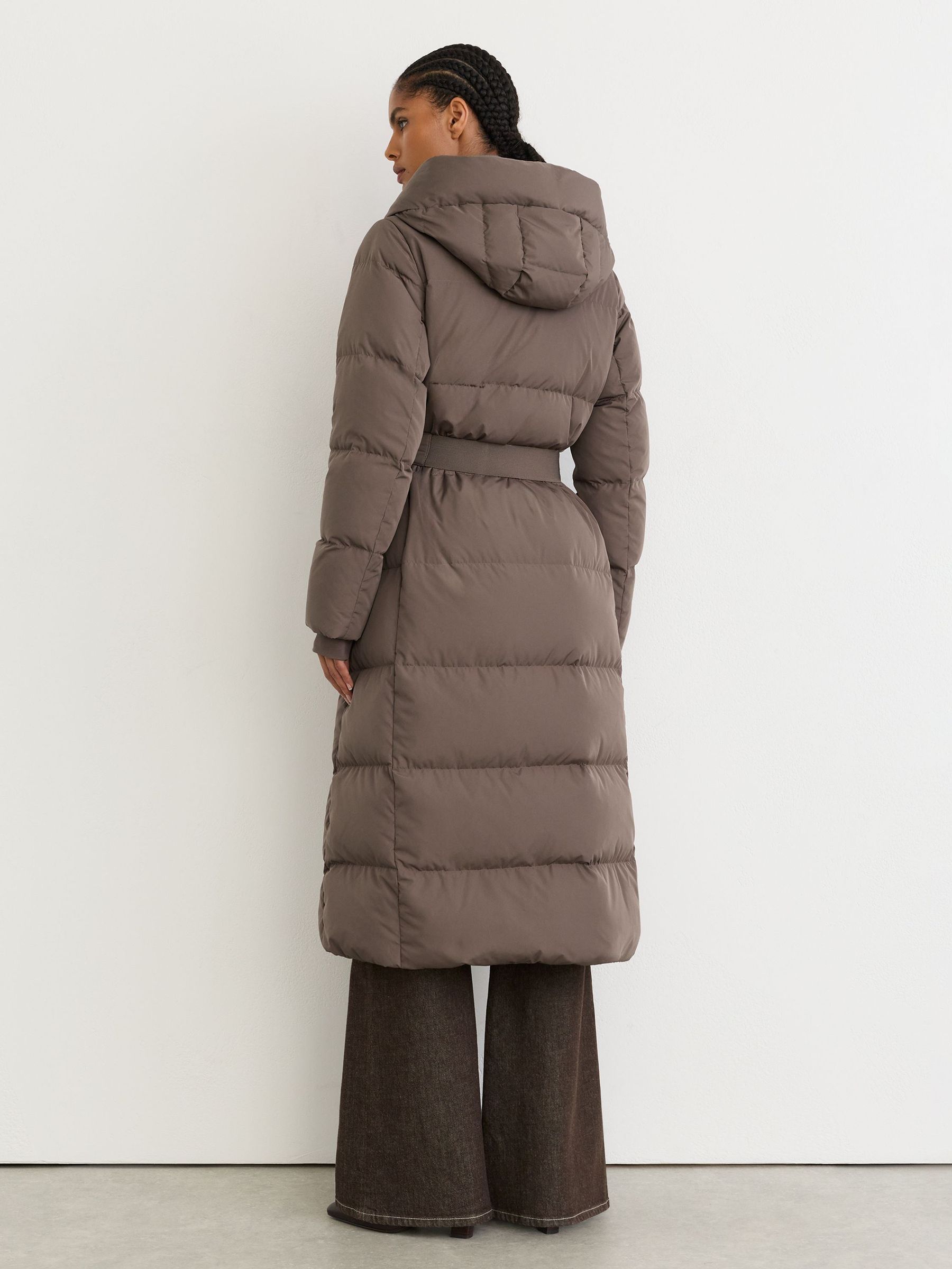 Petite Belted Longline Hooded Puffer Coat in Taupe Neutral - Image 7 of 9