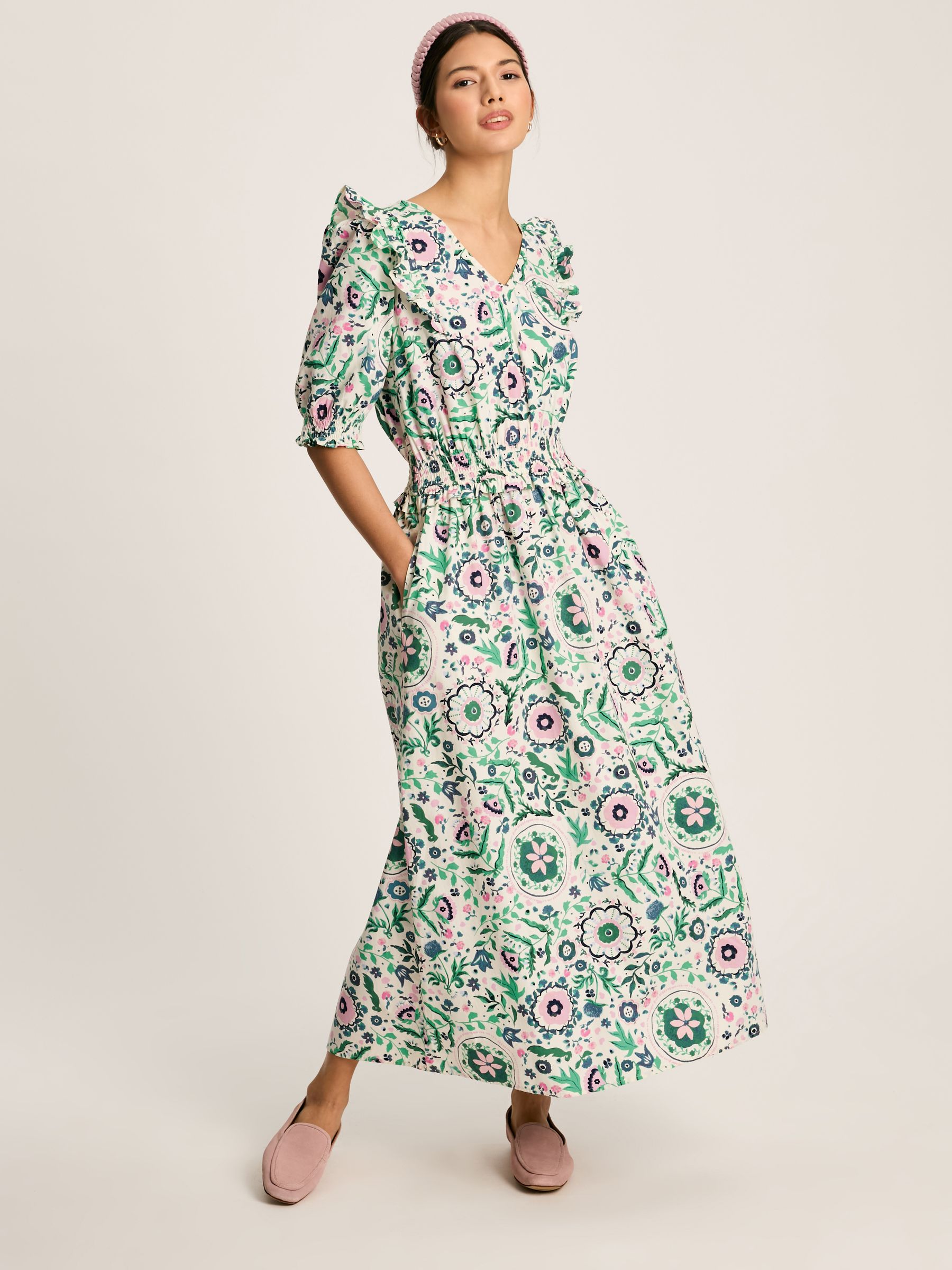 Rosalie Pink/Green V-Neck Frill Dress | Joules