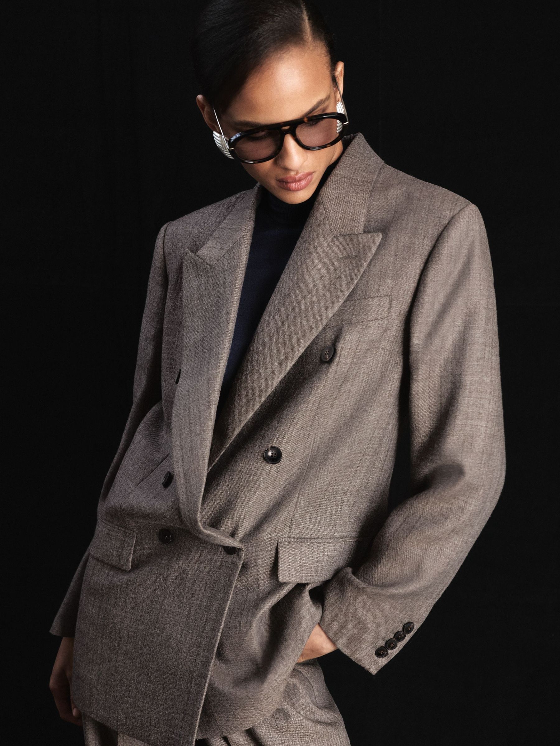 Atelier Grey Wool Woven Relaxed Double-Breasted Blazer in Grey - Image 1 of 7