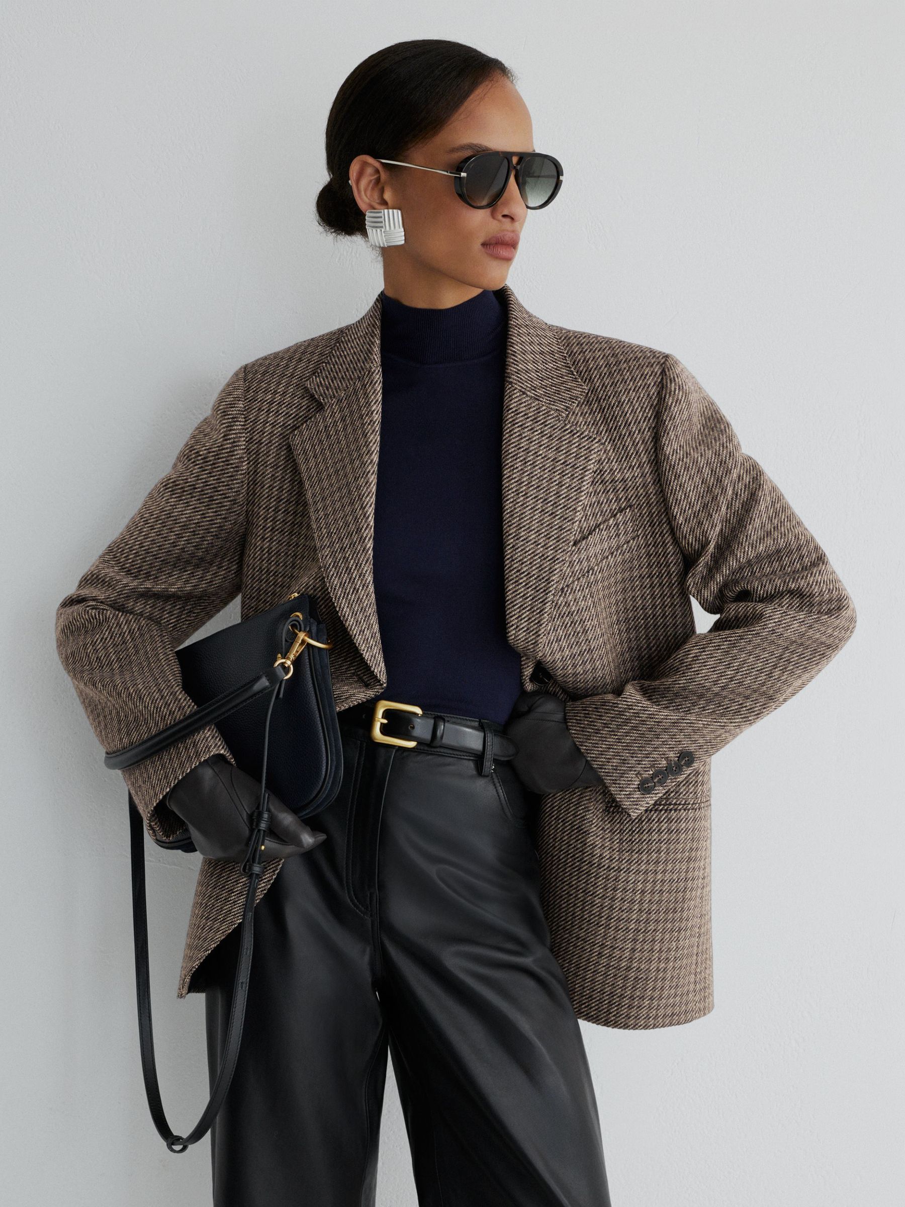 Atelier Wool Cotton Check Single Breasted Relaxed Fit Blazer in Neutral - Image 4 of 9
