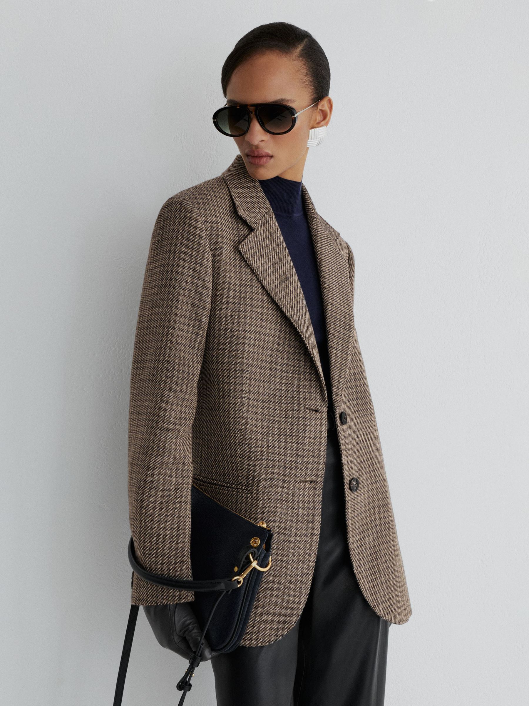 Atelier Wool Cotton Check Single Breasted Relaxed Fit Blazer in Neutral - Image 7 of 9