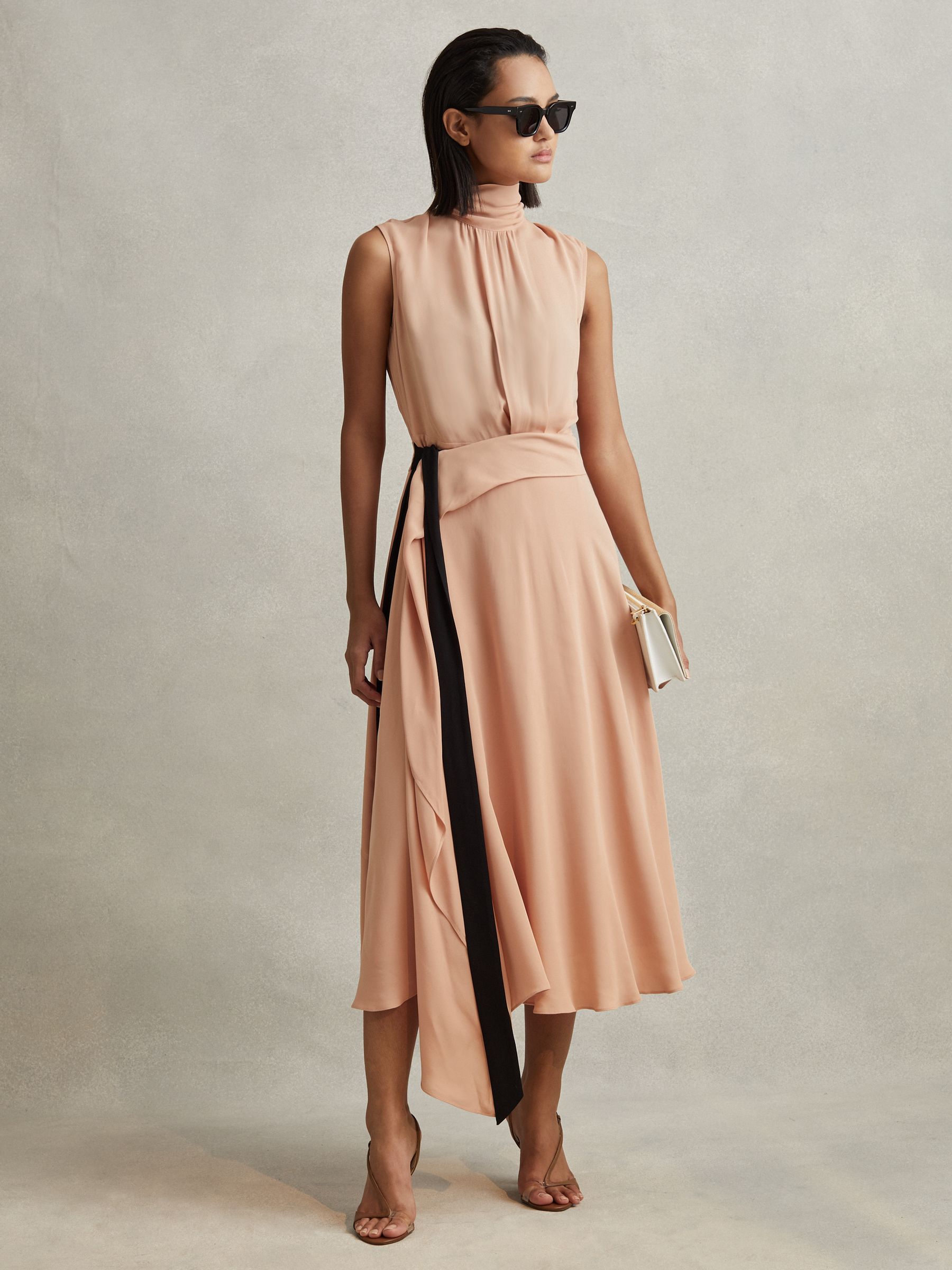 Contrast Bow Midi Dress in Nude - Image 4 of 5