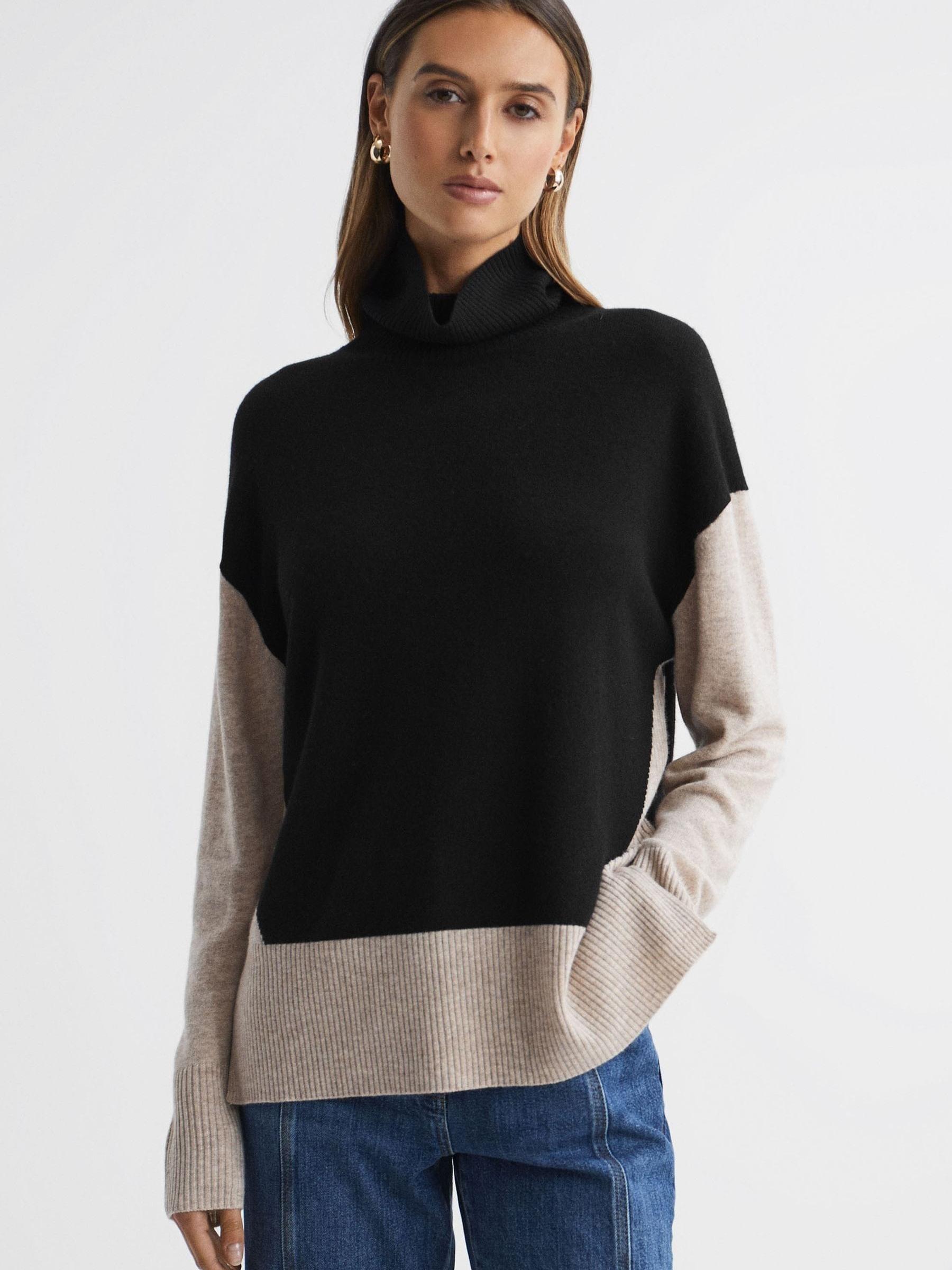Wool Blend Roll Neck Jumper in Stone/Black - Image 1 of 5