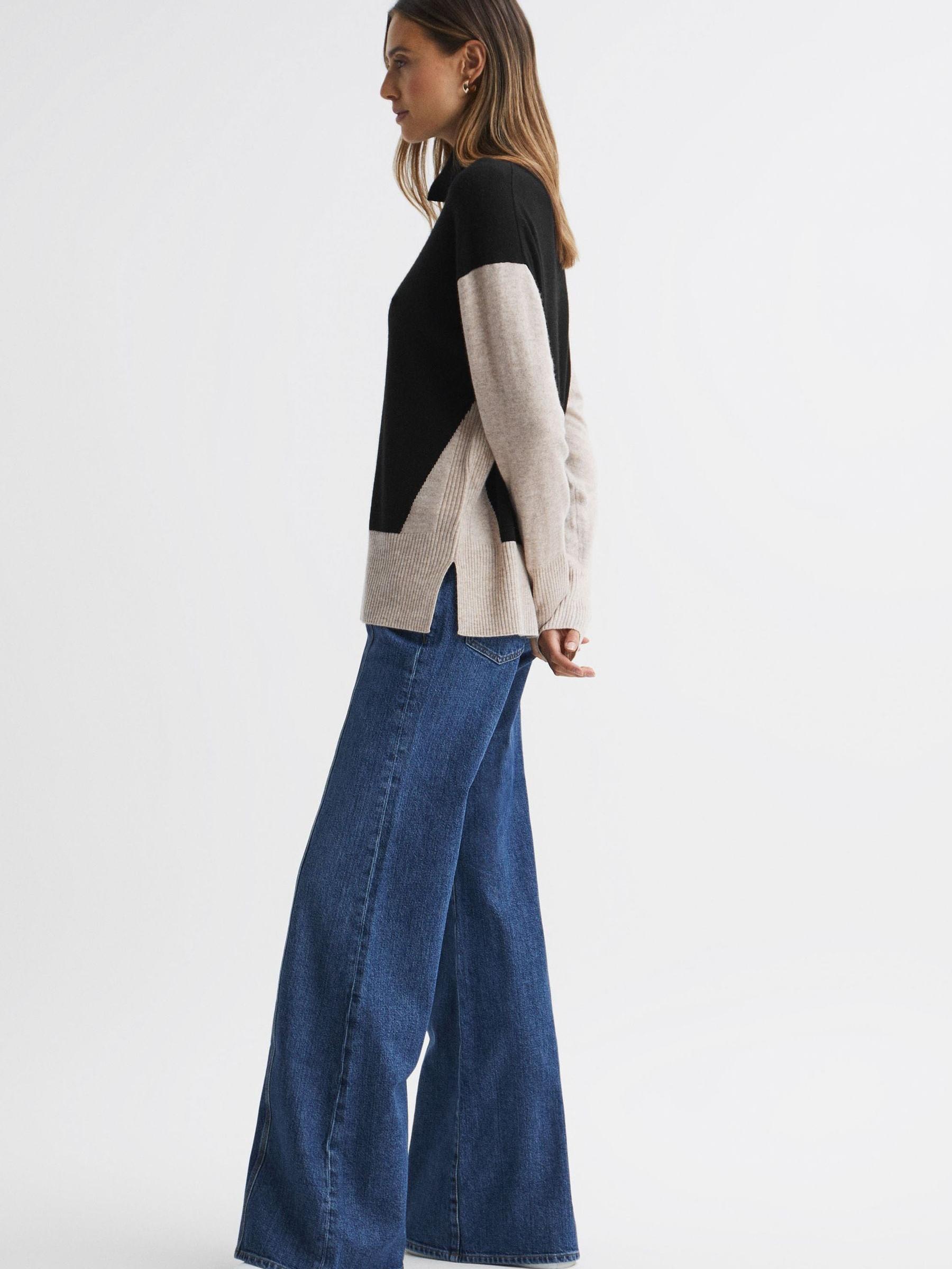 Wool Blend Roll Neck Jumper in Stone/Black - Image 3 of 5