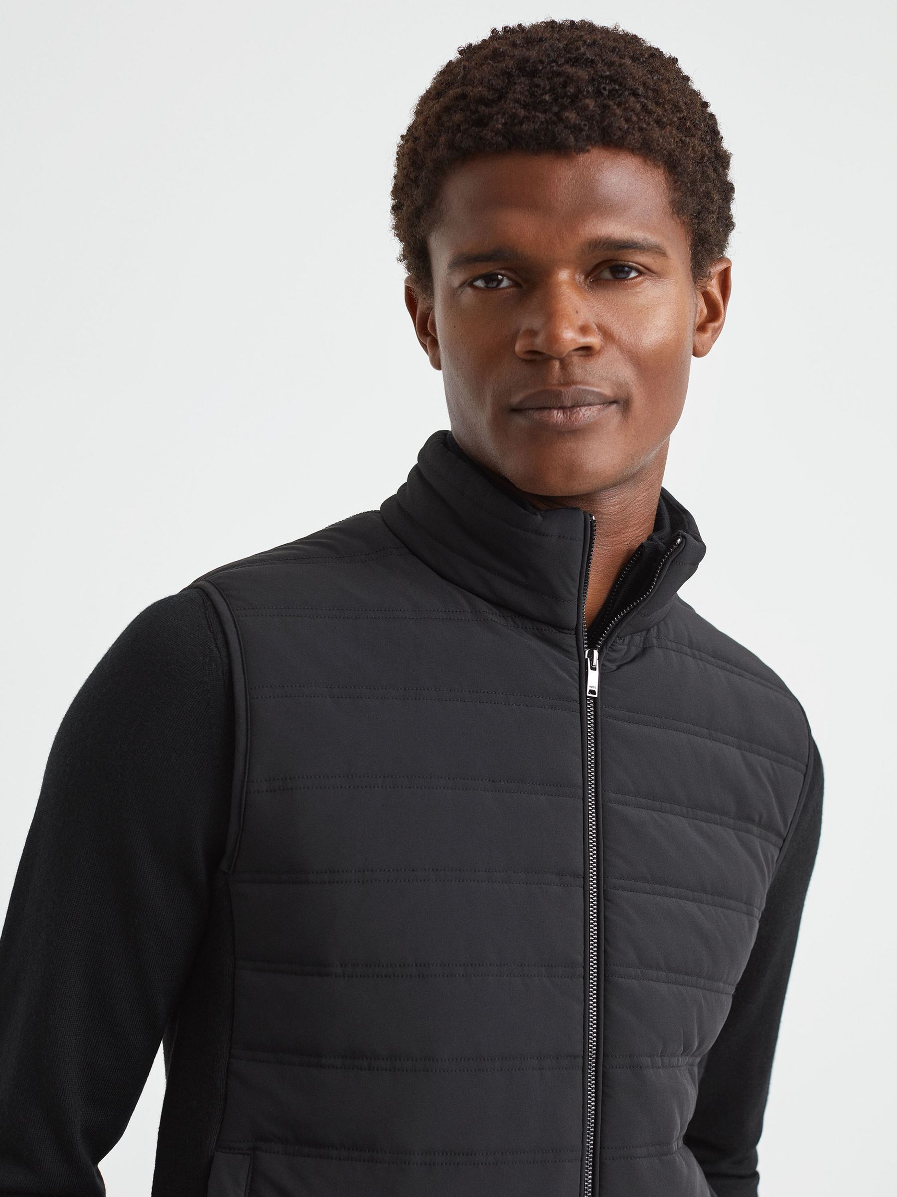 Hybrid Quilt and Knit Zip-Through Gilet in Black - Image 1 of 6