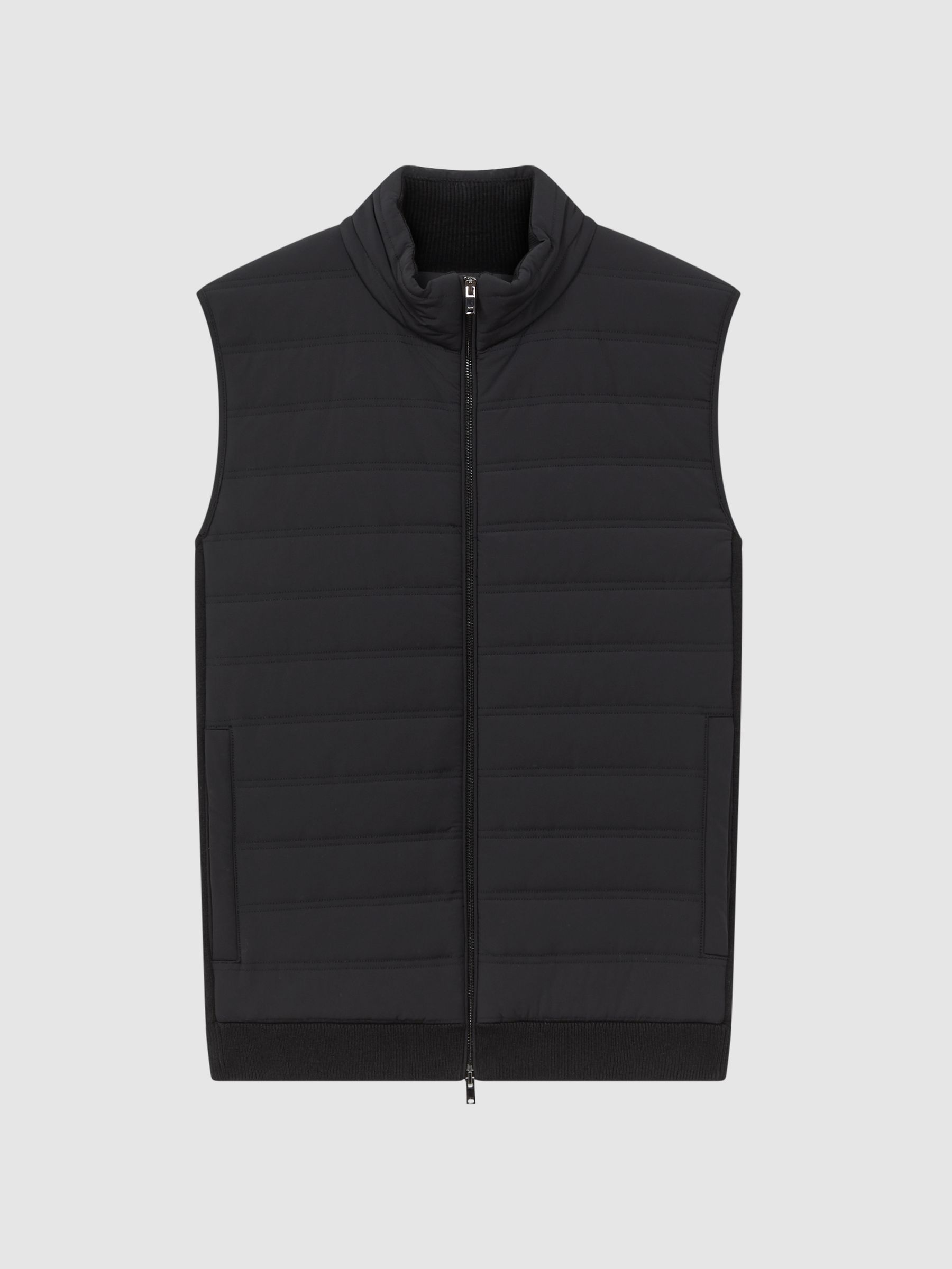 Hybrid Quilt and Knit Zip-Through Gilet in Black - Image 2 of 6