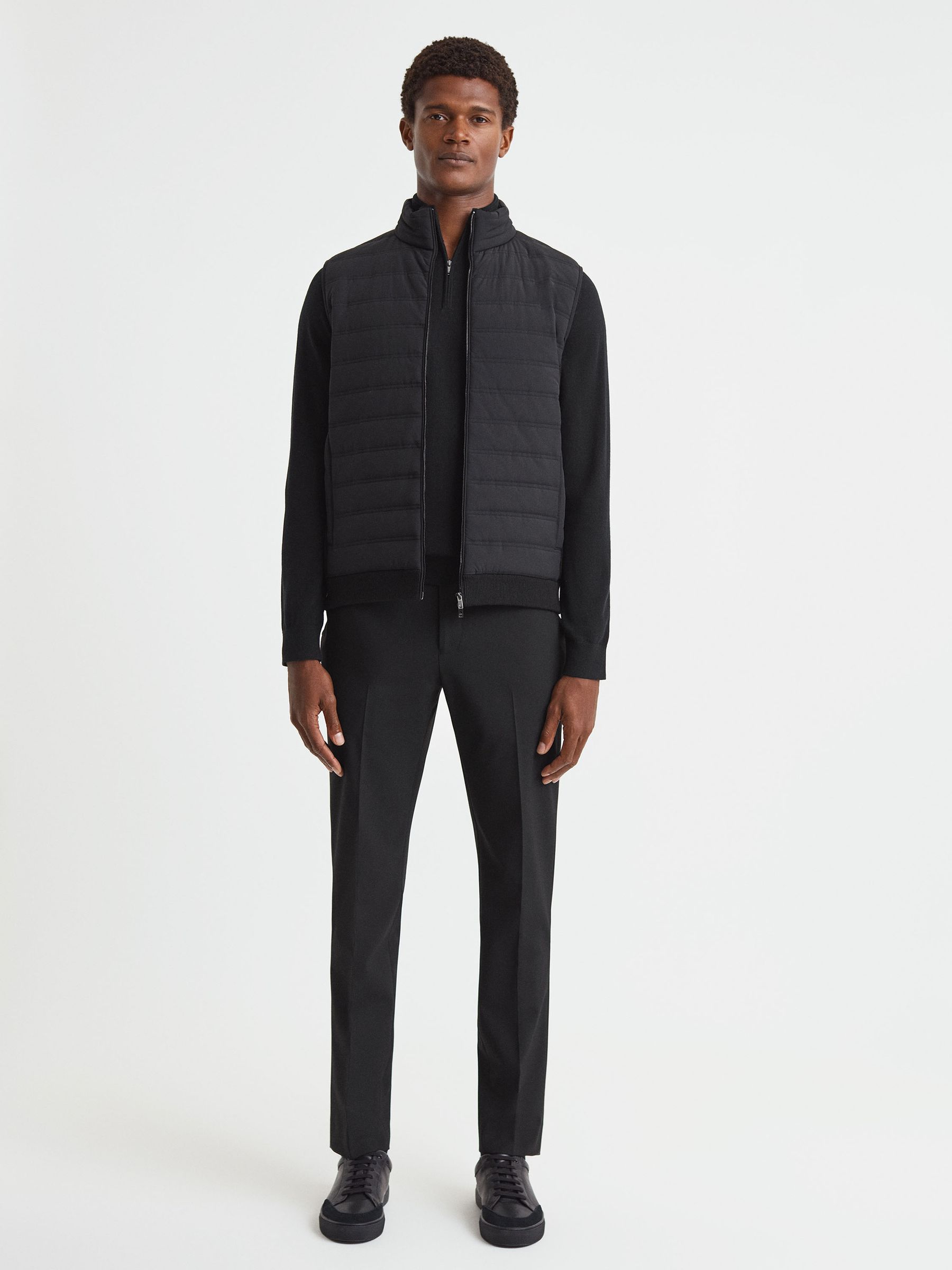 Hybrid Quilt and Knit Zip-Through Gilet in Black - Image 3 of 6