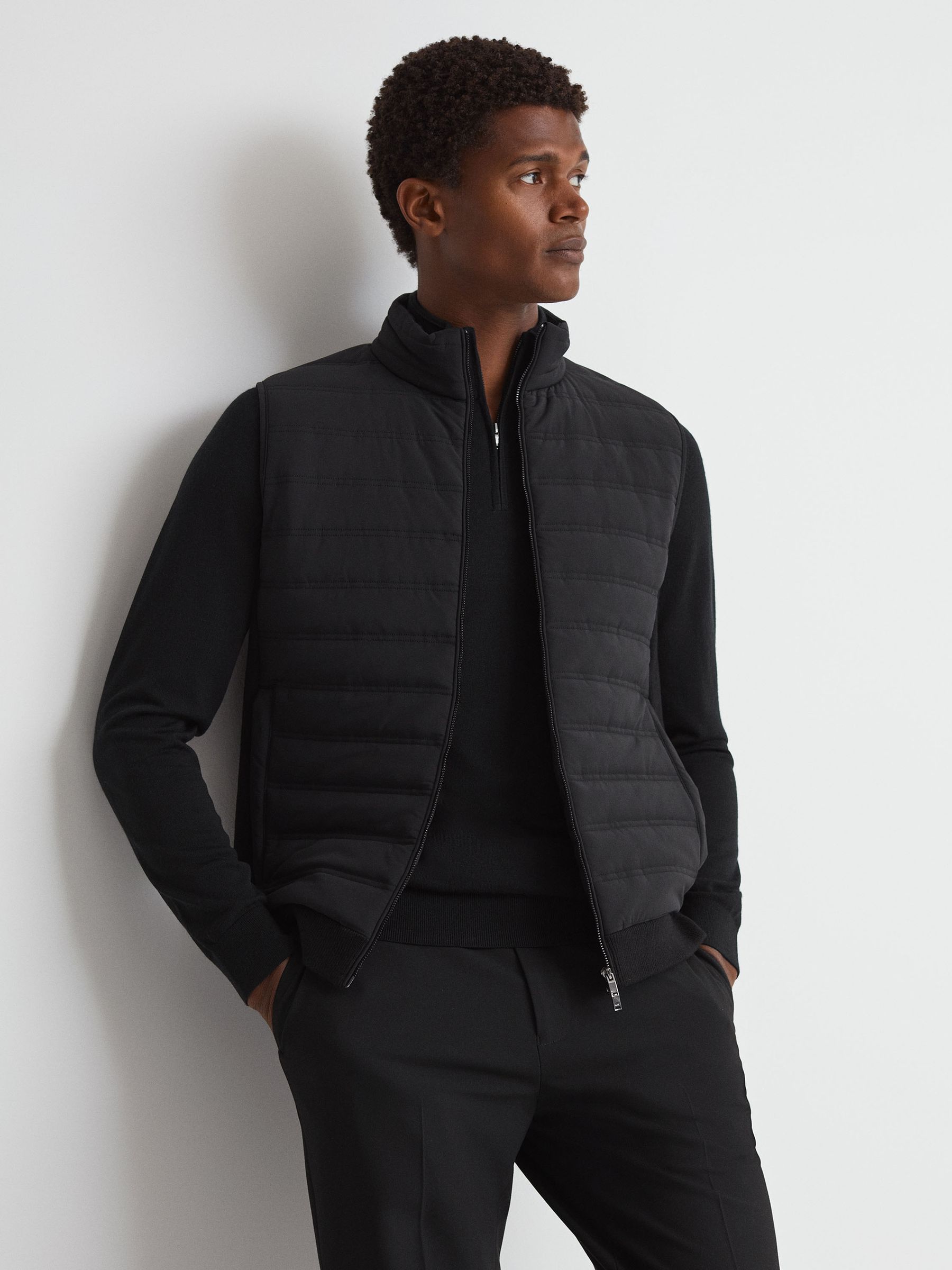 Hybrid Quilt and Knit Zip-Through Gilet in Black - Image 4 of 6