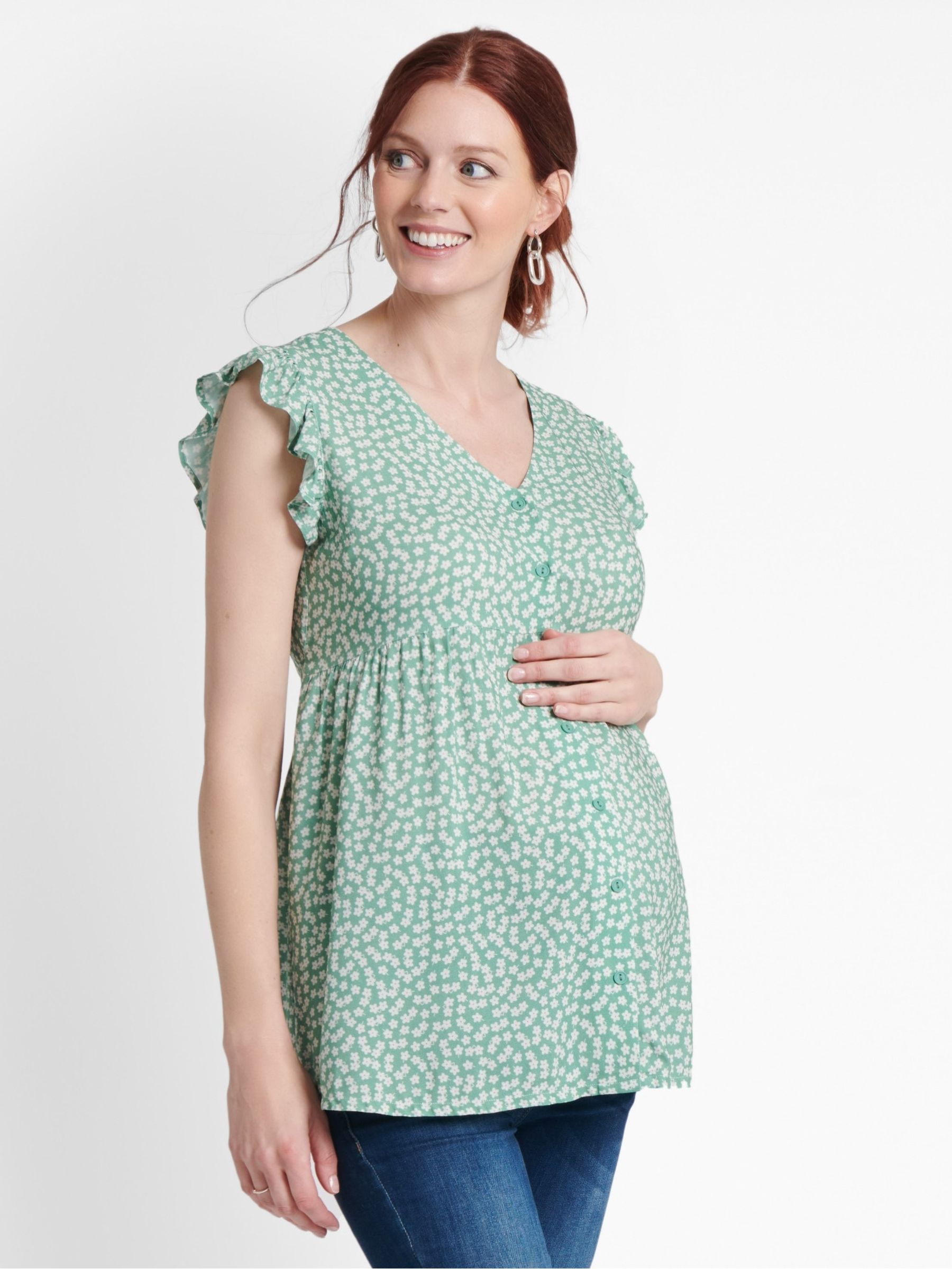 Duck Egg Ditsy Print Frill Sleeve Maternity Blouse - Image 1 of 3