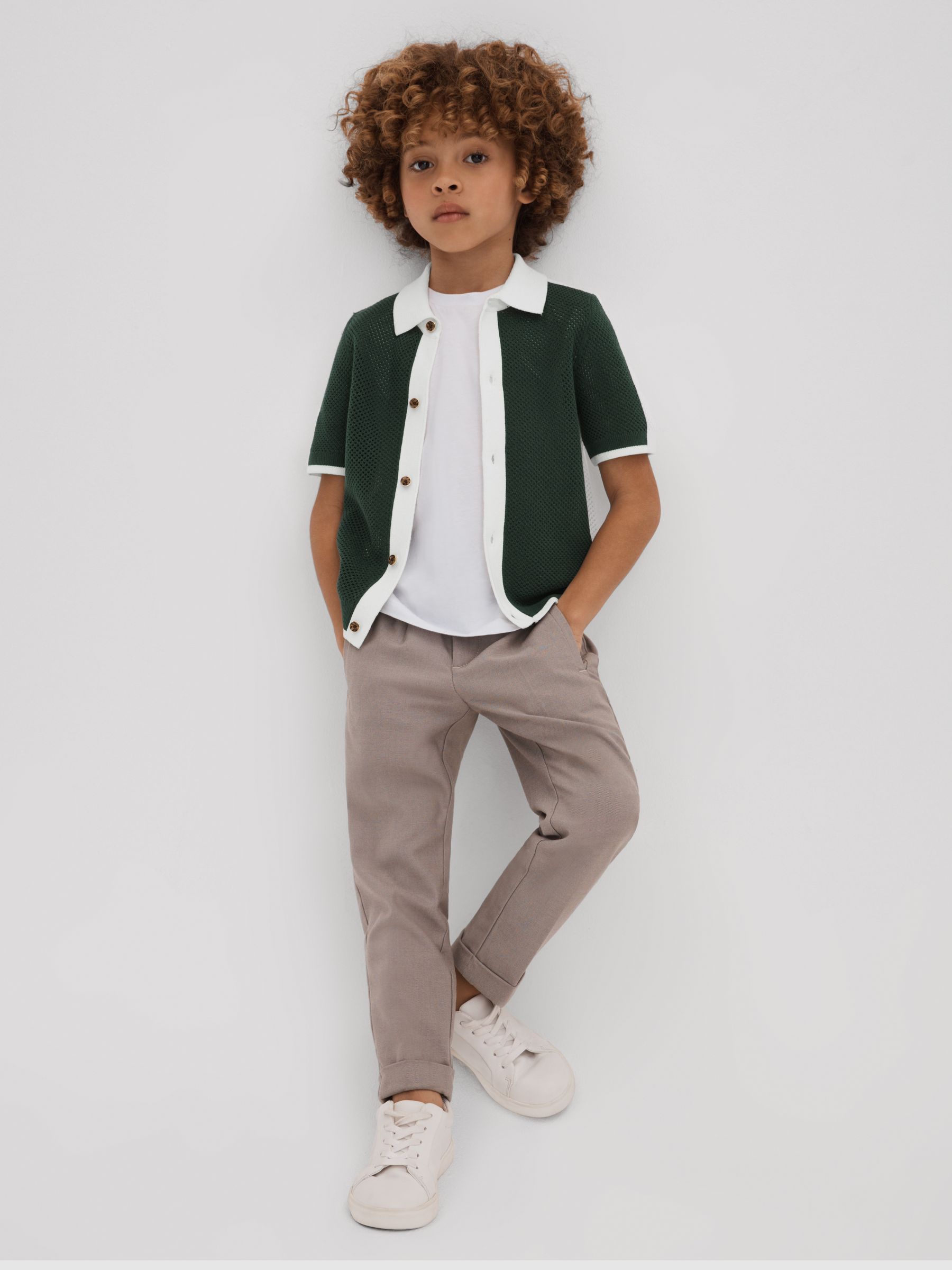 3-9 yrs Cotton Blend Open Stitch Shirt in Green/Optic White - Image 1 of 4