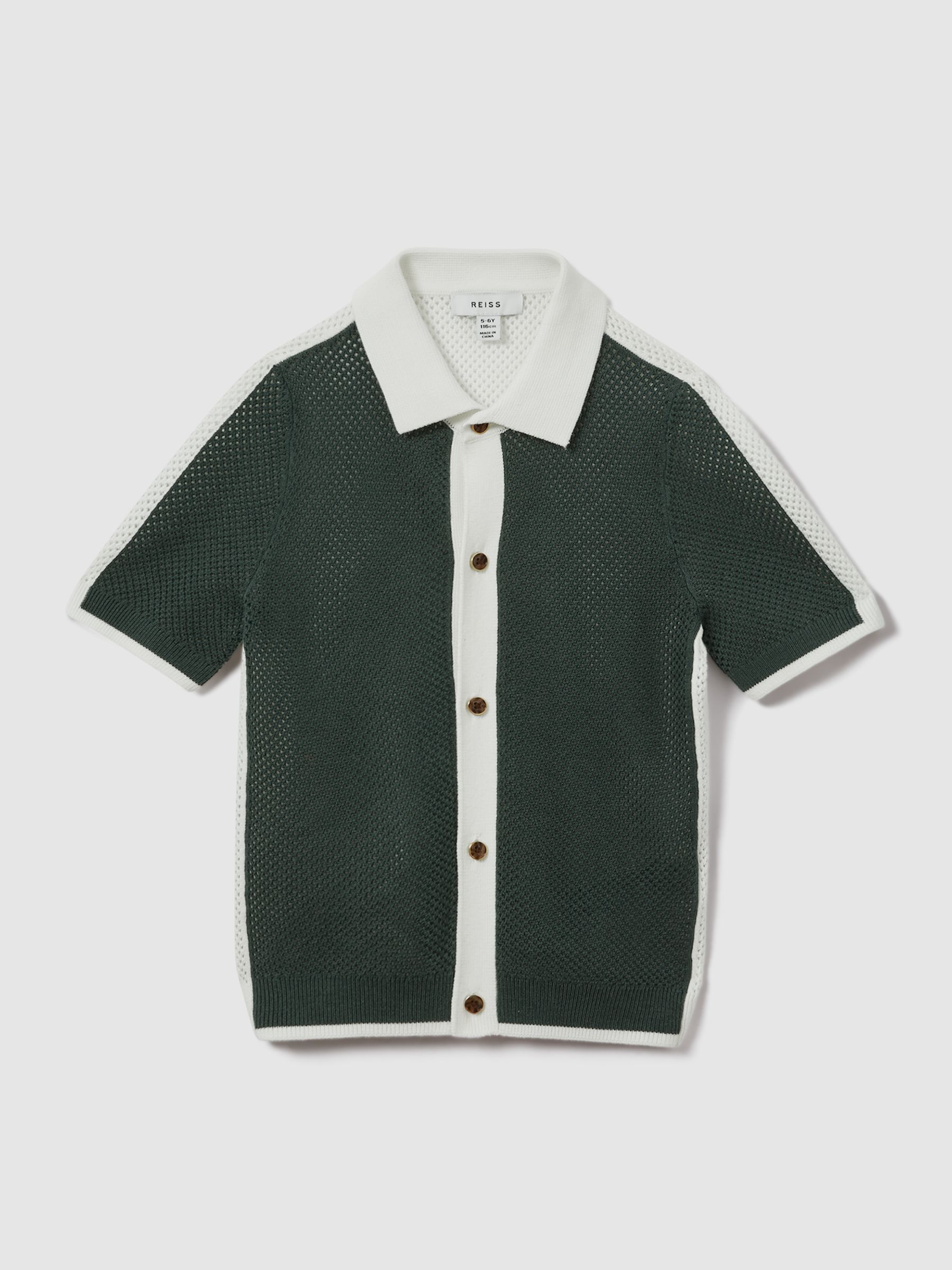 3-9 yrs Cotton Blend Open Stitch Shirt in Green/Optic White - Image 2 of 4 3-9 yrs Cotton Blend Open Stitch Shirt in Green/Optic White - Image 2 of 4