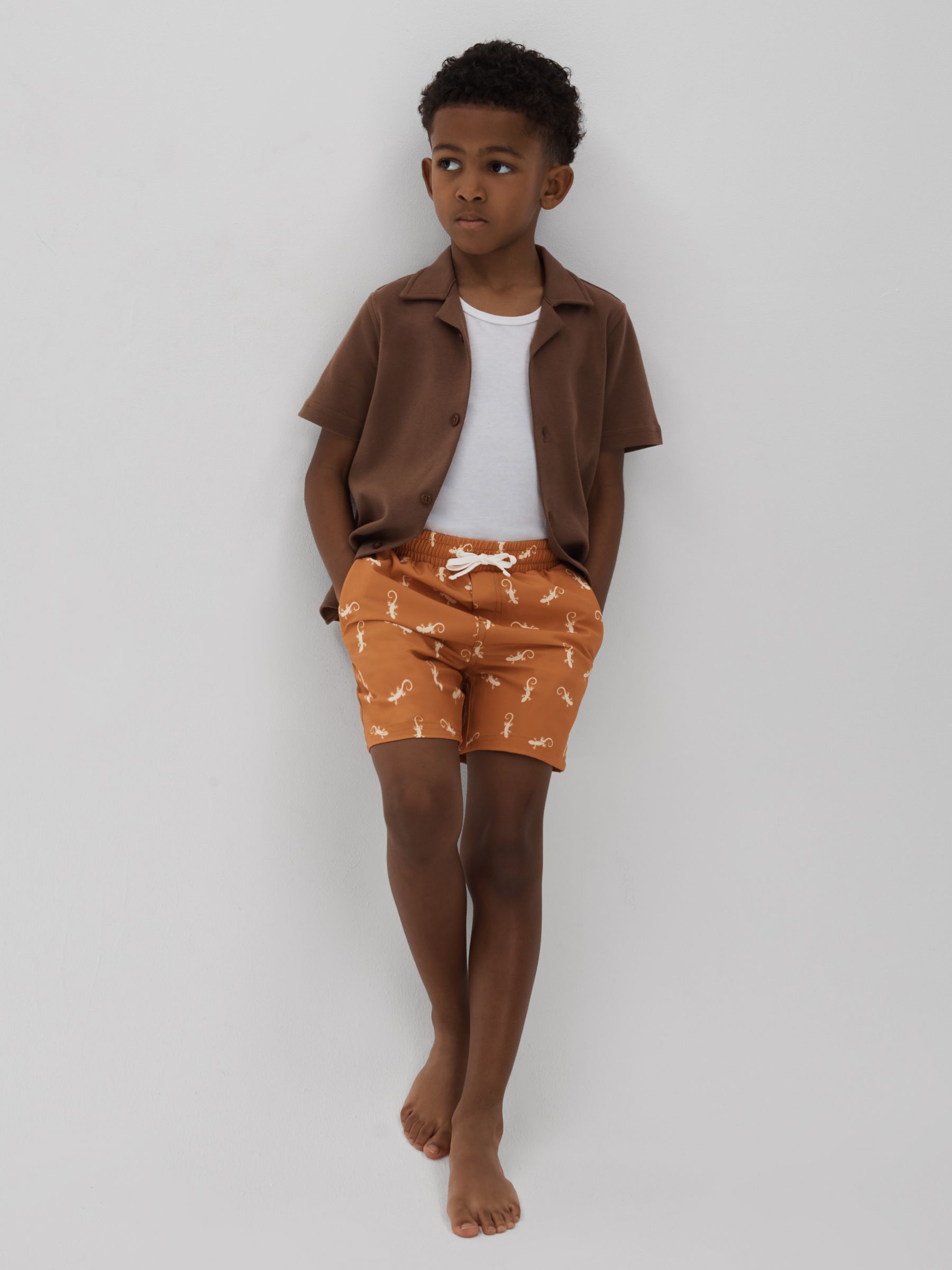 Junior Reptile Print Drawstring Swim Shorts in Orange/White - Image 1 of 4