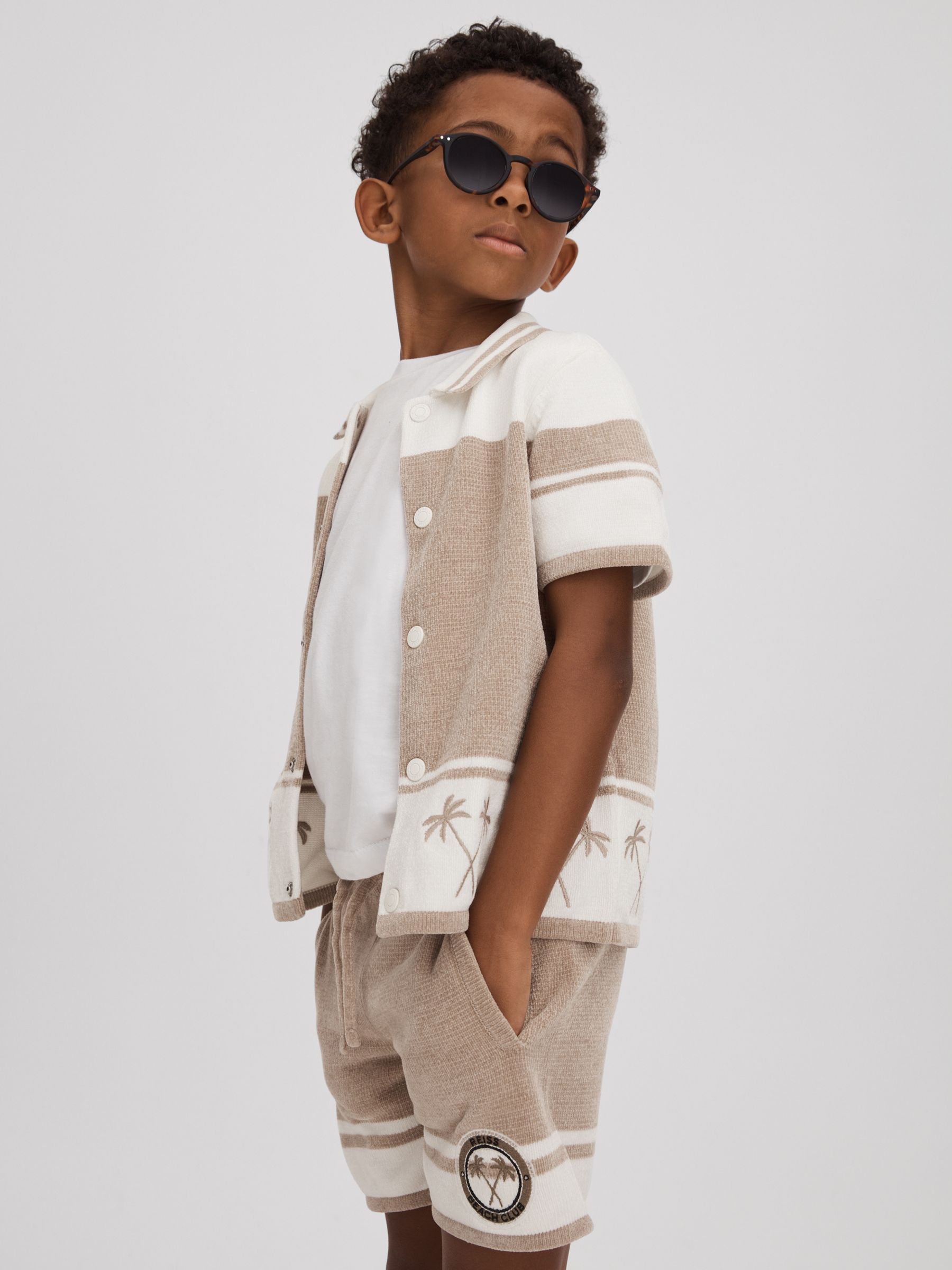 9-13 yrs Velour Embroidered Striped Shirt in Taupe/Optic White - Image 3 of 4